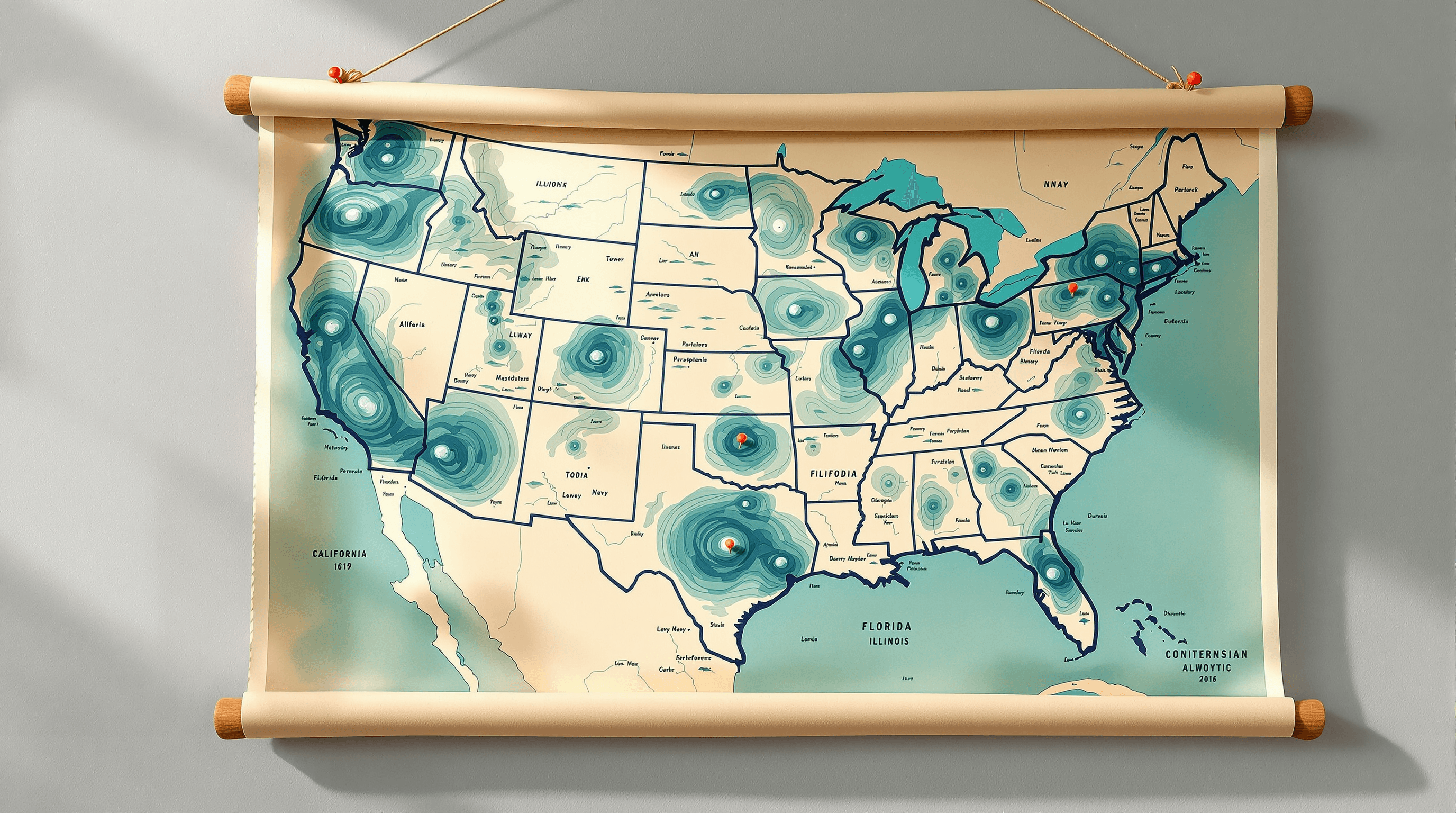 A vintage cartographic map of the continental United States painted as a meteorological chart. Specific regions — New York, California, Florida, Illinois — show clusters of swirling storm-system markings, while most of the rest of the country remains clear. The map hangs mounted on wooden dowels with a coral pin marking one location. Painterly gouache with oatmeal paper, dusty teal storms, and coral pin. The scene suggests lawsuit-volume concentration in specific state jurisdictions.
