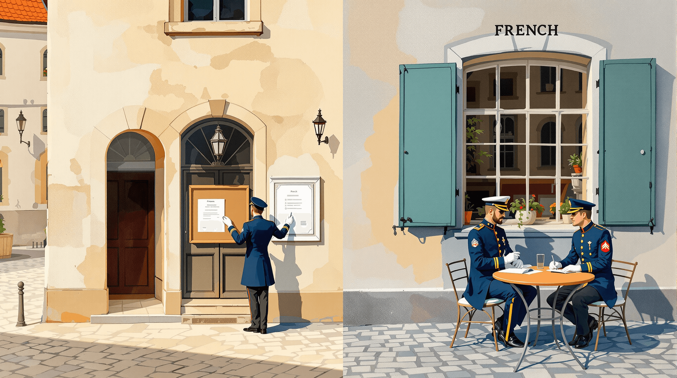 A split-architecture cover at midday. The left half shows a German town square with a uniformed official posting a notice on a bulletin board outside a stone hall. The right half shows a French place with a similarly uniformed but different-style regulator at a café table with an official ledger open. The cobblestones merge at center. Painterly gouache with German cream stone, French dusty teal shutters, navy uniforms, and coral accents. The scene suggests parallel enforcement actions in two Member States.