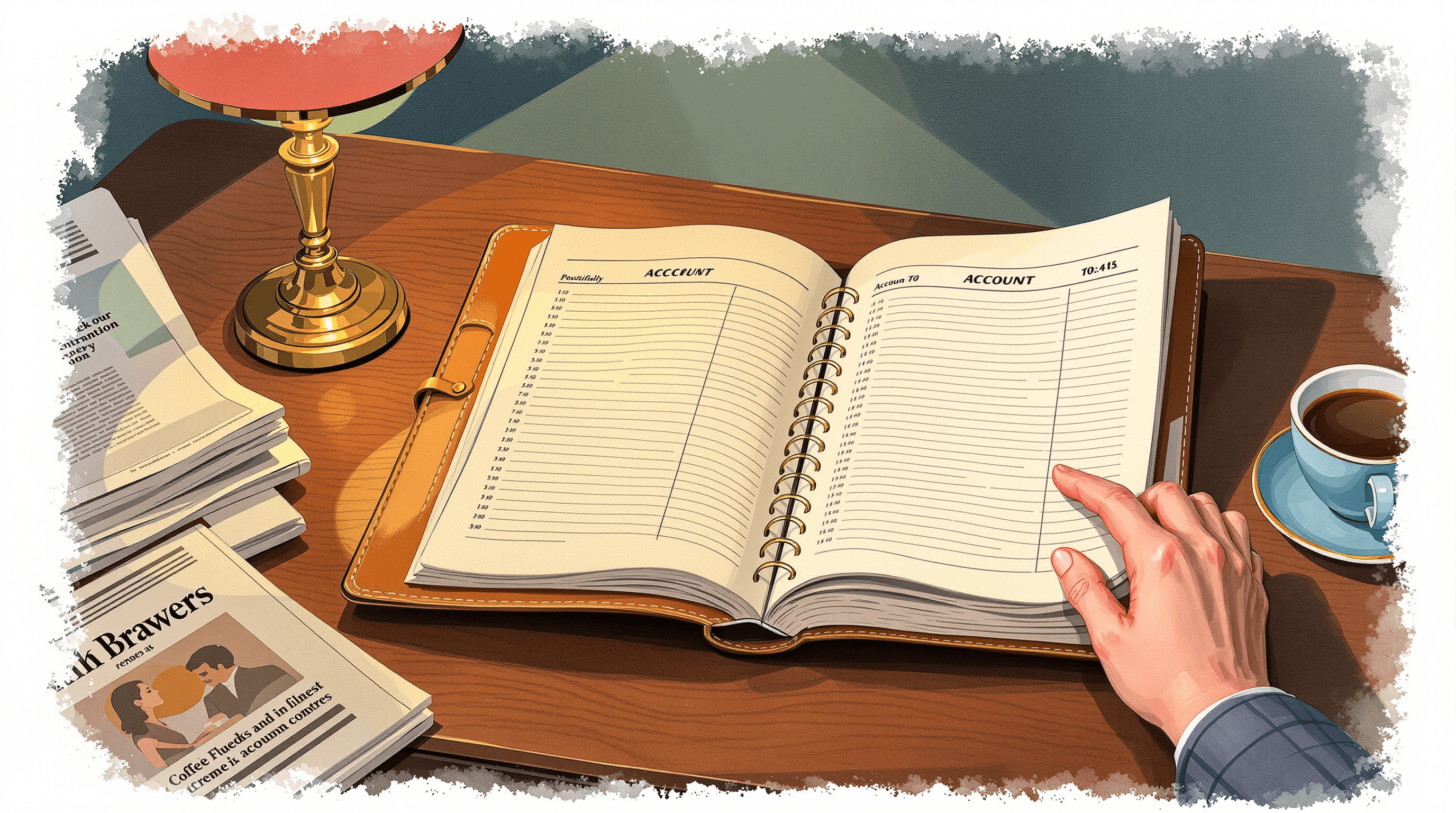 A close-up of a teak desk with an open leather-bound account ledger. The pages show abstract multi-column entries with each row totaling positively at the right. A hand from the right turns a page. A brass desk lamp glows warmly. A folded newspaper and coffee cup sit at the edges. Painterly gouache with warm teak, oatmeal paper, and coral lamp shade. The scene suggests well-kept books showing consistent positive returns.