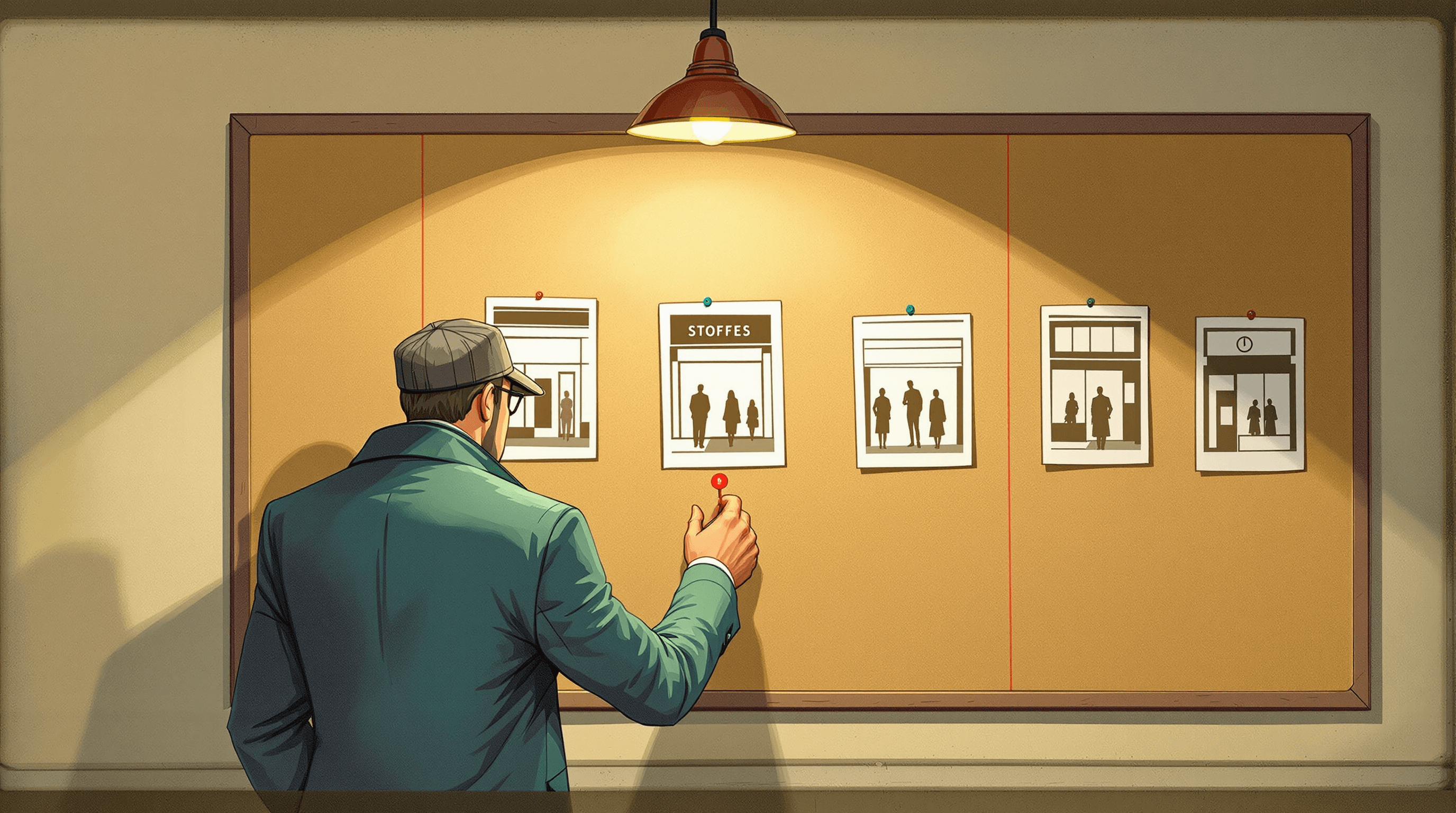 A detective's corkboard wall covered with five abstract storefront photographs pinned and connected by coral string. Specific visual elements of each photo are circled in red. A detective in wool blazer stands at the board with a thumbtack mid-pin, examining the pattern. A single overhead lamp focuses light. Painterly gouache with cream wall, dusty teal blazer, and coral string. The scene suggests pattern analysis identifying common visual triggers for lawsuit filings.