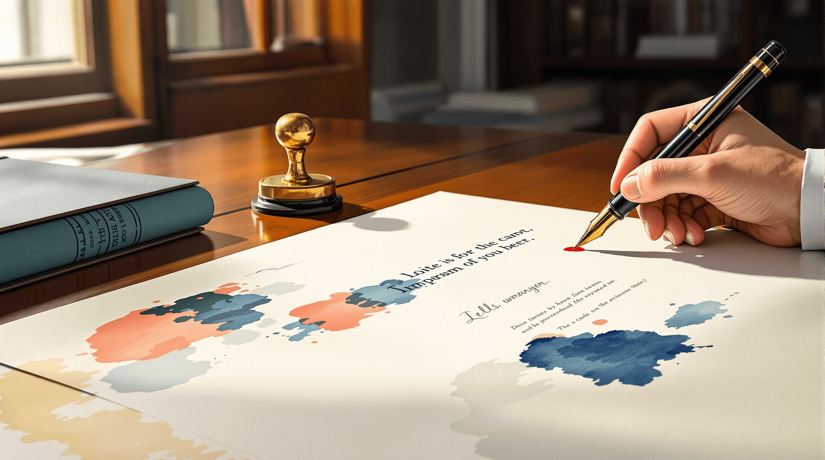 A close-up of a polished wooden writing desk in a European study. A formal cream document sits in the center, partially completed with abstract field-shapes filled in by ink. A brass wax-seal stamp lies beside it alongside a pool of warm coral wax not yet poured. A hand from the right holds a fountain pen poised over the next field. Painterly gouache with cream paper, navy ink, and coral wax. The scene suggests careful completion of an EAA accessibility statement's required fields.