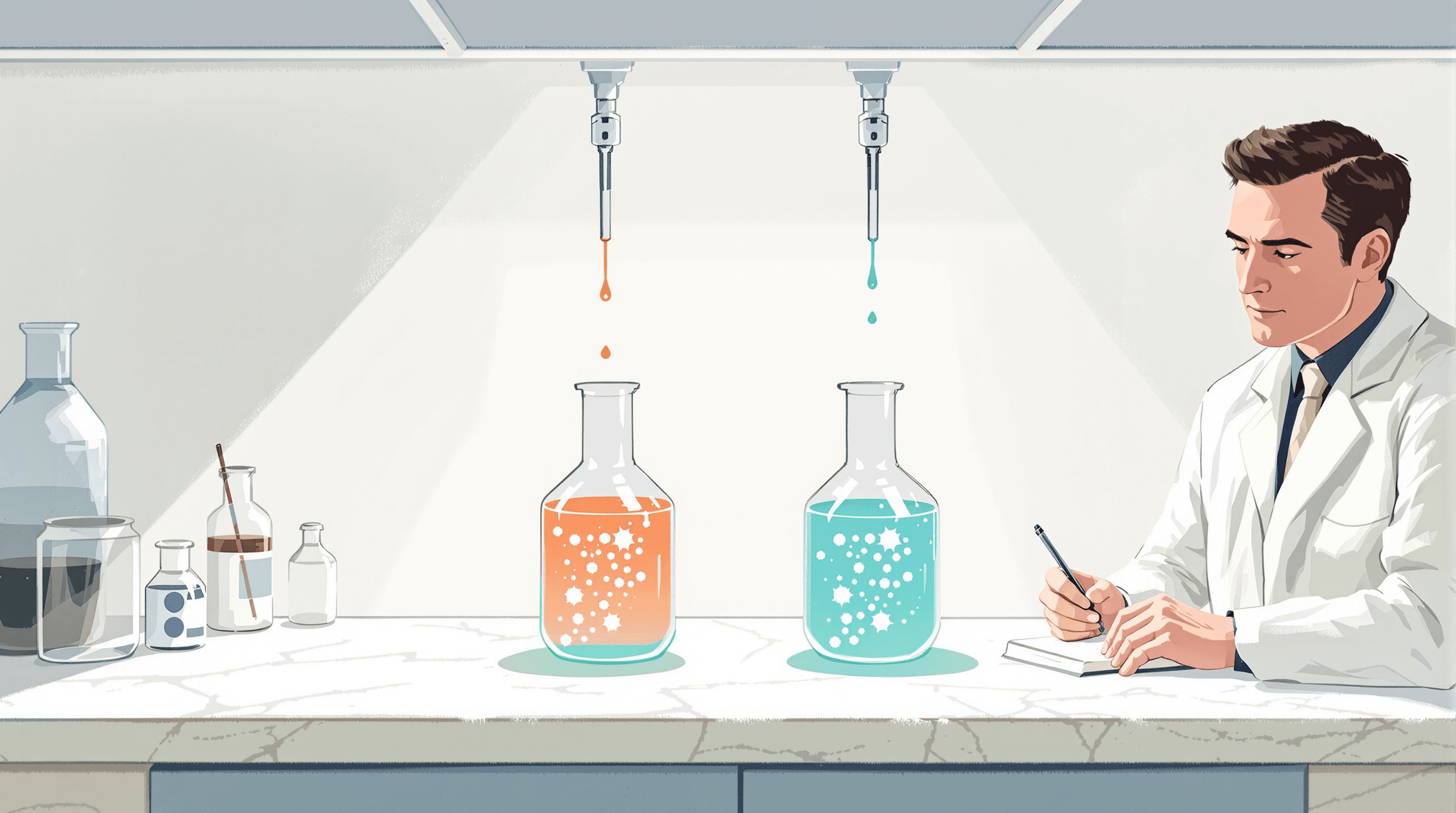 A scientist's laboratory bench. Two identical glass beakers stand side-by-side on a marble counter, each containing clear liquid. A dropper above each dispenses the same coral compound; the resulting reactions in both beakers show identical glowing teal effervescence at exactly the same level. A scientist in white lab coat leans in from the right with a notebook. Painterly gouache with clinical white, dusty teal effervescence, and coral compound. The scene suggests a controlled experiment showing measurable causal effects.