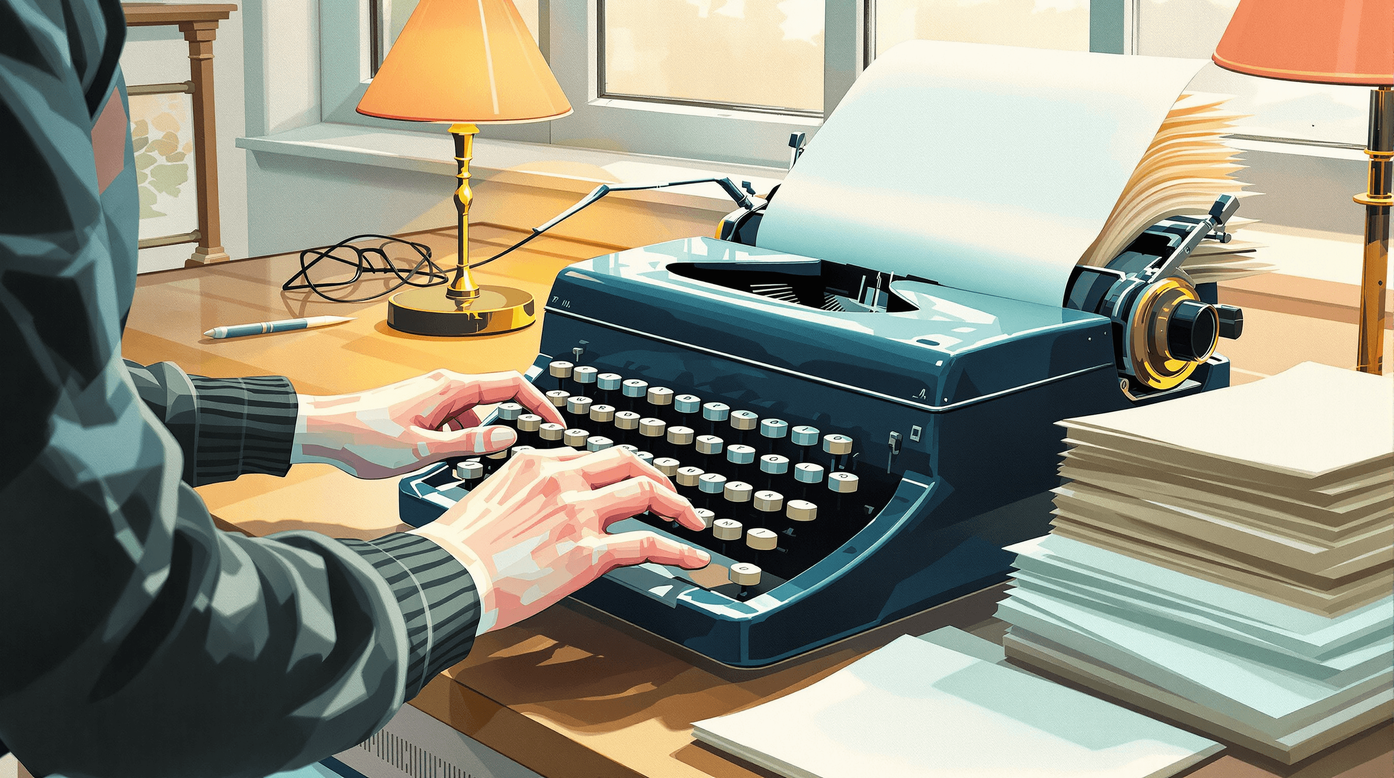 A close-up of a vintage typewriter on a wooden desk. Two pairs of hands type — one clearly human in wool sweater sleeves, the other faintly translucent and ghostly. The typewriter has produced a tall stack of completed pages spilling onto the desk. A lamp glows warmly. Painterly gouache with warm wood, navy typewriter, oatmeal paper, and ghostly teal AI hands. The scene suggests pro se plaintiffs collaborating with AI to draft lawsuit volume.