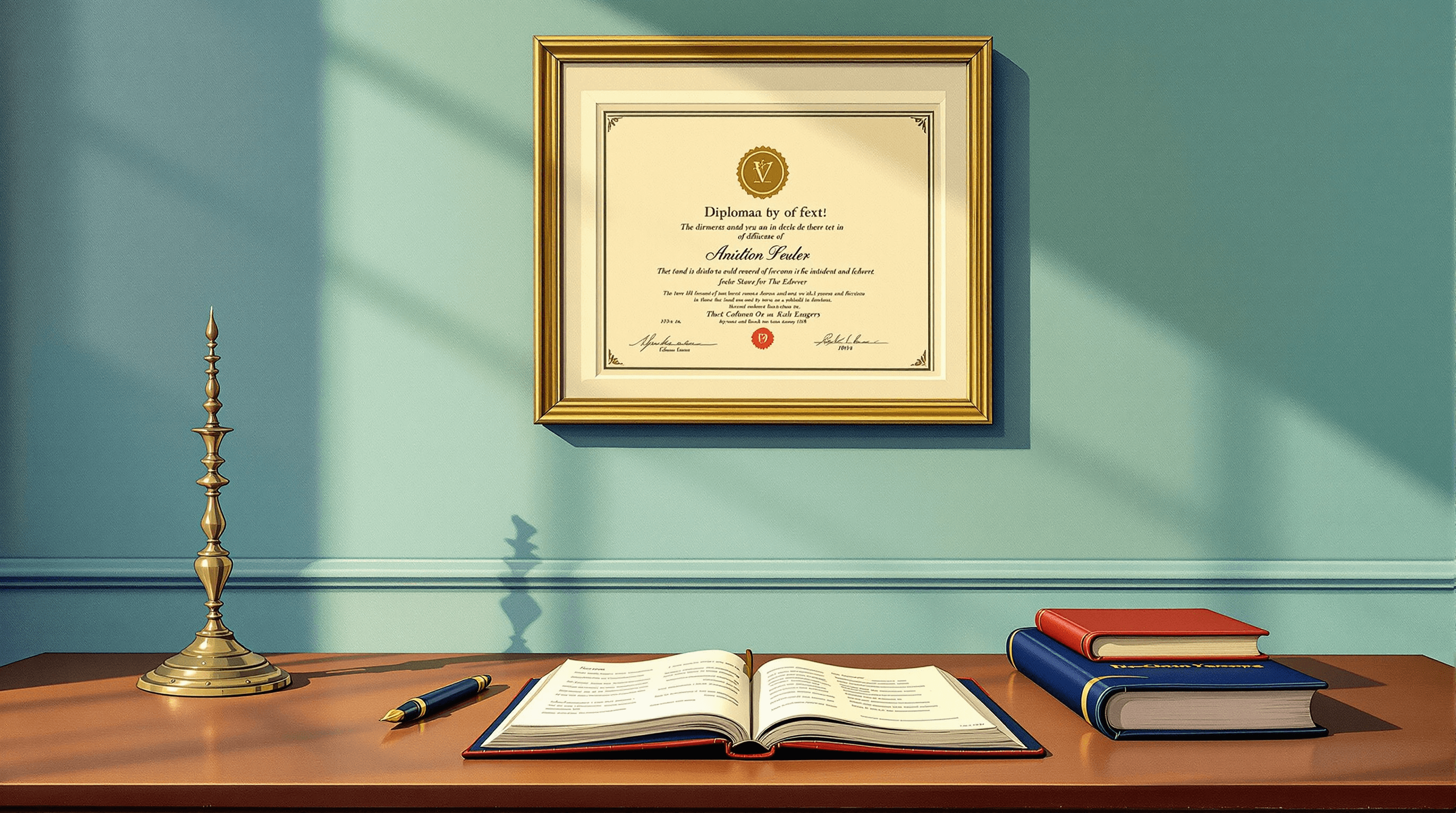 A view of a small office wall and desk. On the wall, a single beautifully framed diploma-style certificate hangs with elegant border and central seal but no readable text. On the desk below, an open thick working ledger fills the foreground with abstract column entries and a fountain pen. Painterly gouache with cream certificate, dusty teal frame, and coral seal. The scene suggests the difference between the conformance claim on the wall and the audit work that backs it.