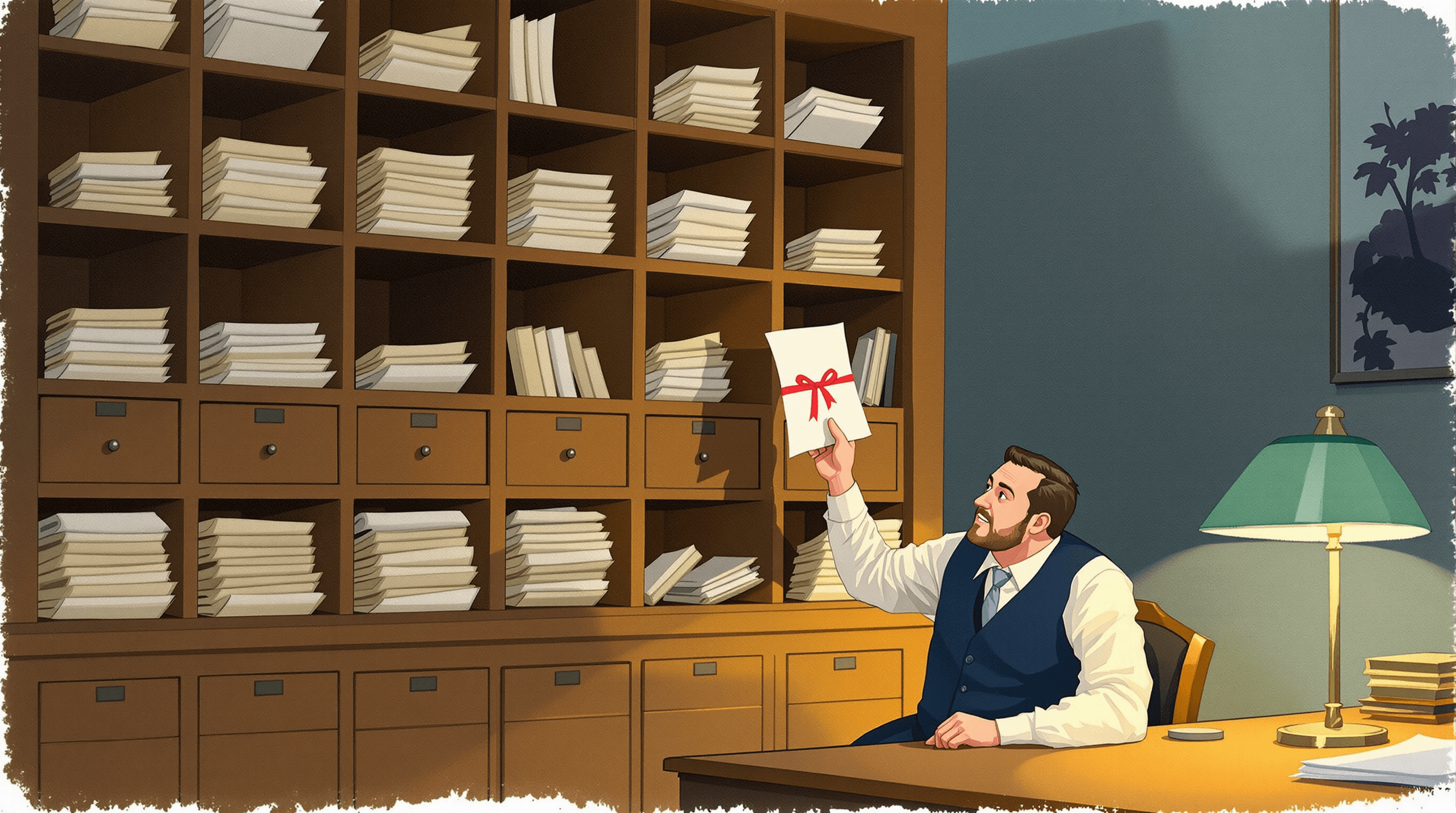 A tax accountant's office at evening with a wide wooden pigeonhole mail-sorter mounted on the wall behind a desk. Most slots hold neatly rolled documents. One slot stands out — its document tied with a small bright coral ribbon, slightly protruding. The accountant in vest reaches up toward that specific slot, satisfied. Painterly gouache with warm wood, oatmeal documents, navy vest, and coral ribbon. The scene suggests an accessibility tax credit waiting to be claimed.