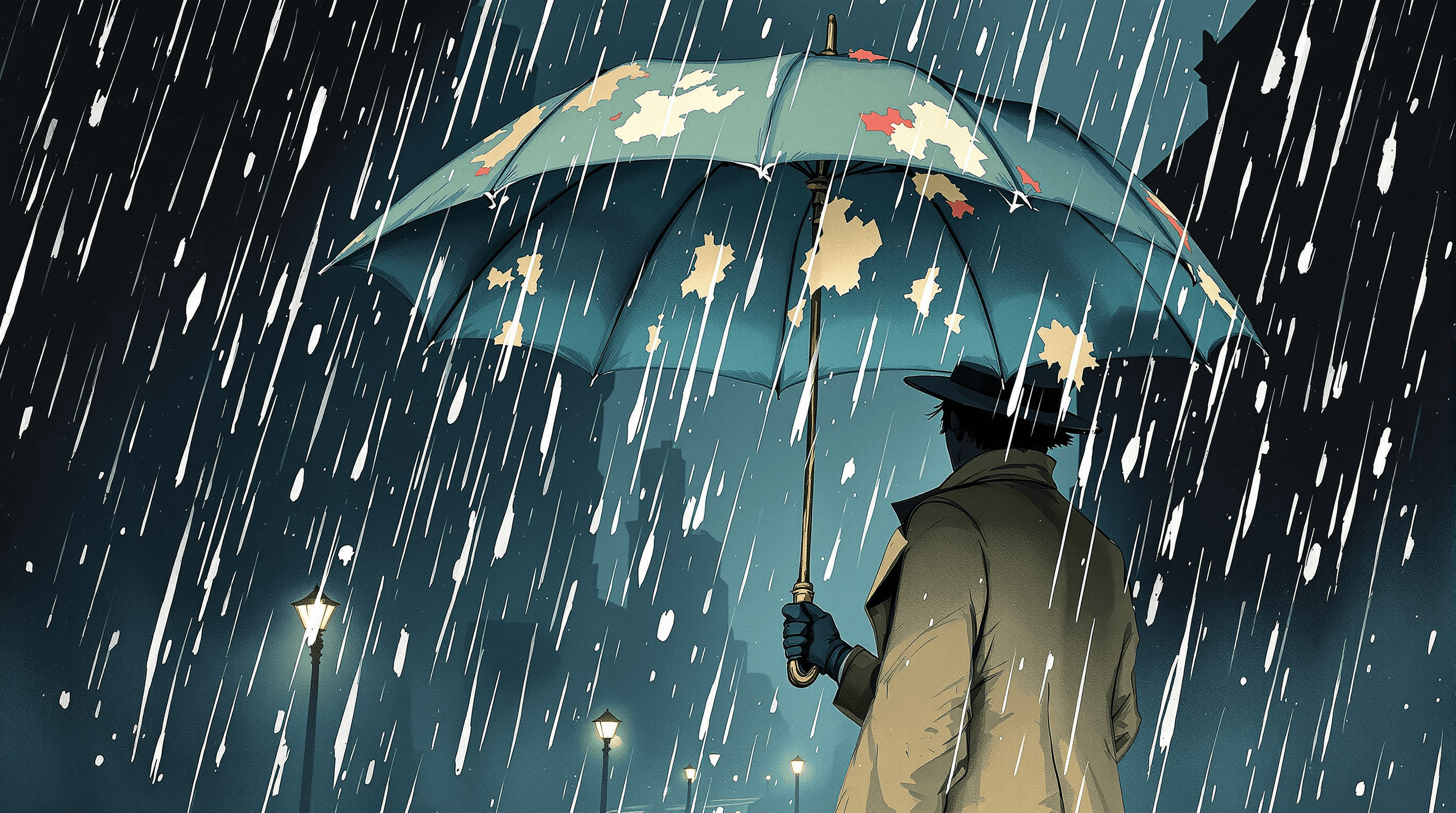 A figure in tweed coat walks under an oversized Victorian-style umbrella in a sudden rainshower. The umbrella's fabric has several visible holes and patches at irregular spots; through the holes, rain falls onto specific portions of the figure while other portions remain dry. The figure walks resolute despite the partial protection. Painterly gouache with navy storm, dusty teal umbrella, and coral patches. The scene suggests insurance with specific exclusions leaving real exposure.