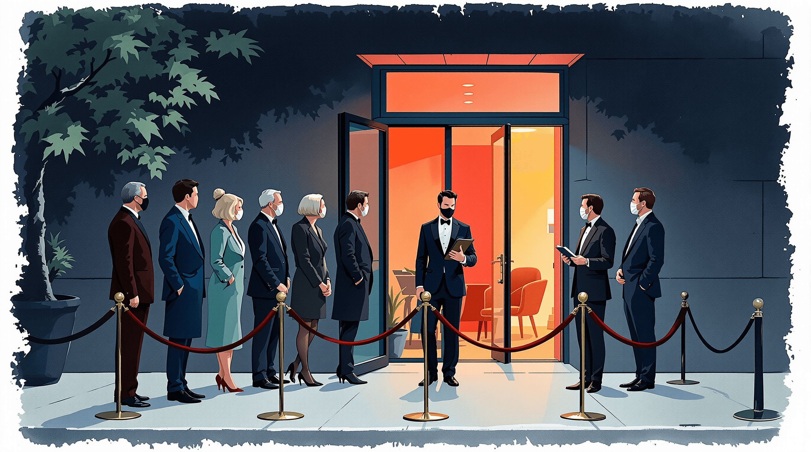 The entrance to a small fashionable establishment at dusk. A bouncer in dark suit stands at a velvet rope holding a clipboard. A line of would-be guests waits in slightly different costumes suggesting different software-vendor styles. The bouncer consults the clipboard while gesturing one guest in and another to step aside. A warm interior glow visible through the doorway. Painterly gouache with navy night, coral glow, and dusty teal rope. The scene suggests vetting apps before they're allowed in.