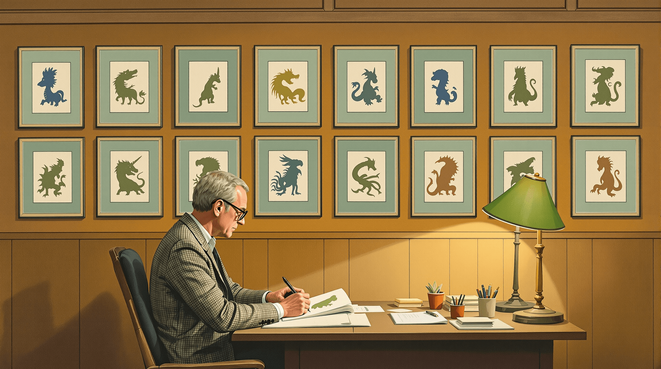 A naturalist's study at evening. A row of twelve framed illustrations of fantastical mythical creatures hangs on a paneled wall. In front of the wall, a naturalist in tweed sits at a desk with an open sketchbook, drawing a careful realistic sketch beside one of the framed illustrations as if to disprove it. A green-shaded lamp illuminates. Painterly gouache with warm paneling, dusty teal mats, and coral lamp. The scene suggests methodically debunking twelve mythical claims with documented evidence.