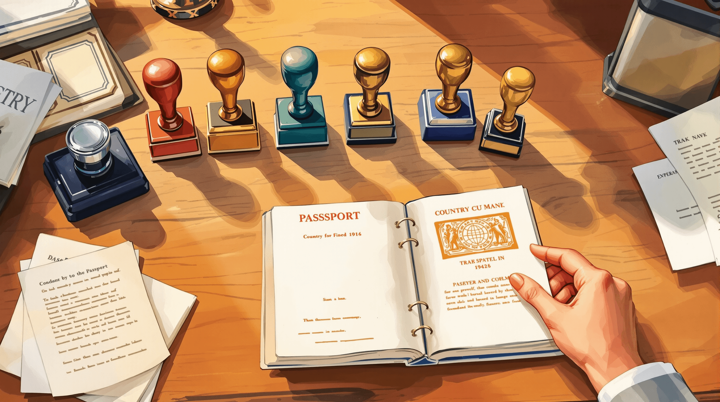 A close-up overhead view of an old wooden train-station official's desk. Five different brass-and-rubber stamps stand upright in a row at the back, each distinct in design suggesting different country jurisdictions. A folio of passport-style pages lies open. A hand from the right presses one stamp onto a fresh page. Painterly gouache with warm wood, navy ink, and varied stamp accents. The scene suggests multi-country compliance with one stamp per market.