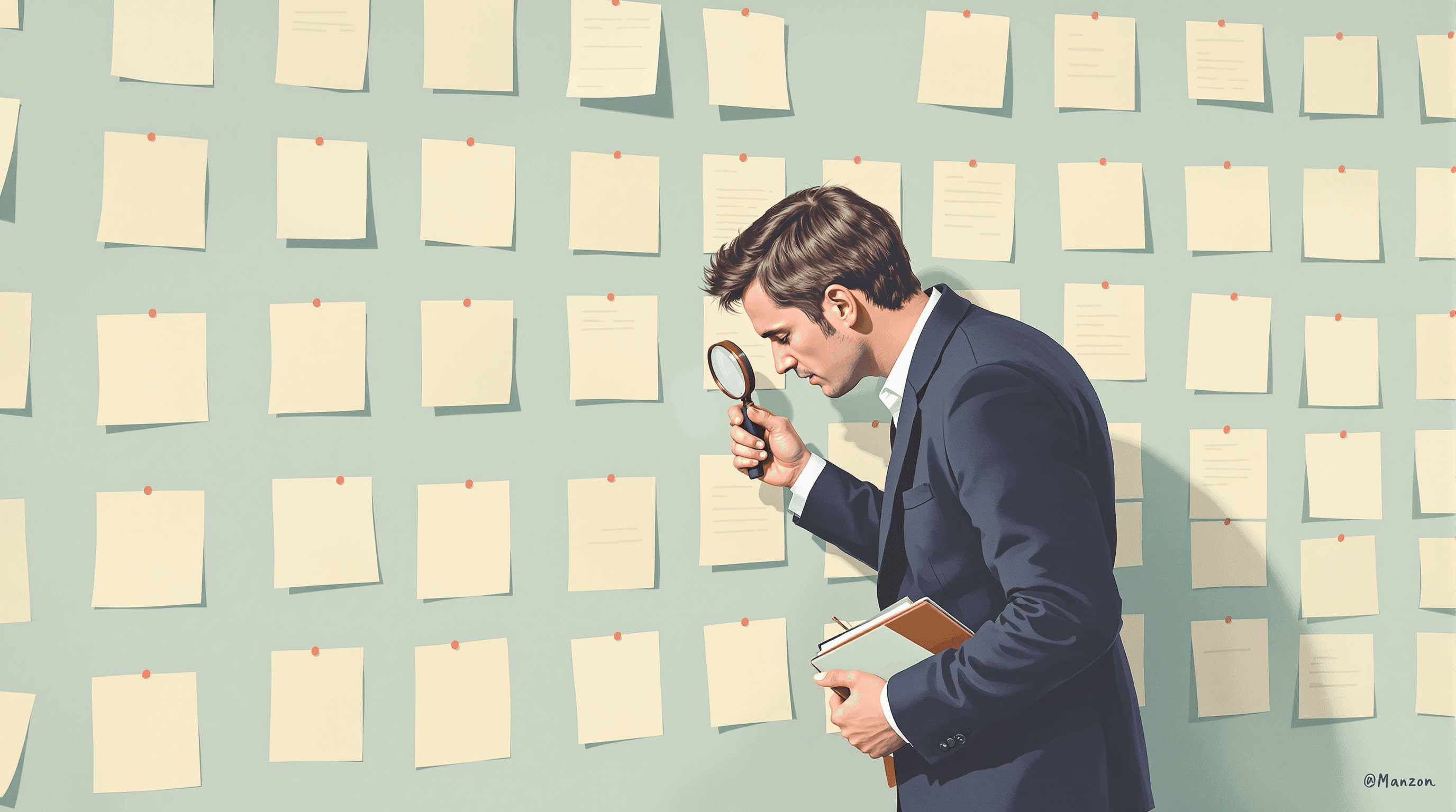 A research office wall covered floor-to-ceiling with a precise 10x10 grid of small cream documents pinned to a corkboard. A researcher in wool blazer stands close to the wall with a magnifying loupe, leaning in to examine one specific document. A notebook tucked under their arm. Painterly gouache with oatmeal documents, dusty teal corkboard, and coral pinheads. The scene suggests systematic analysis of 100 real published statements.