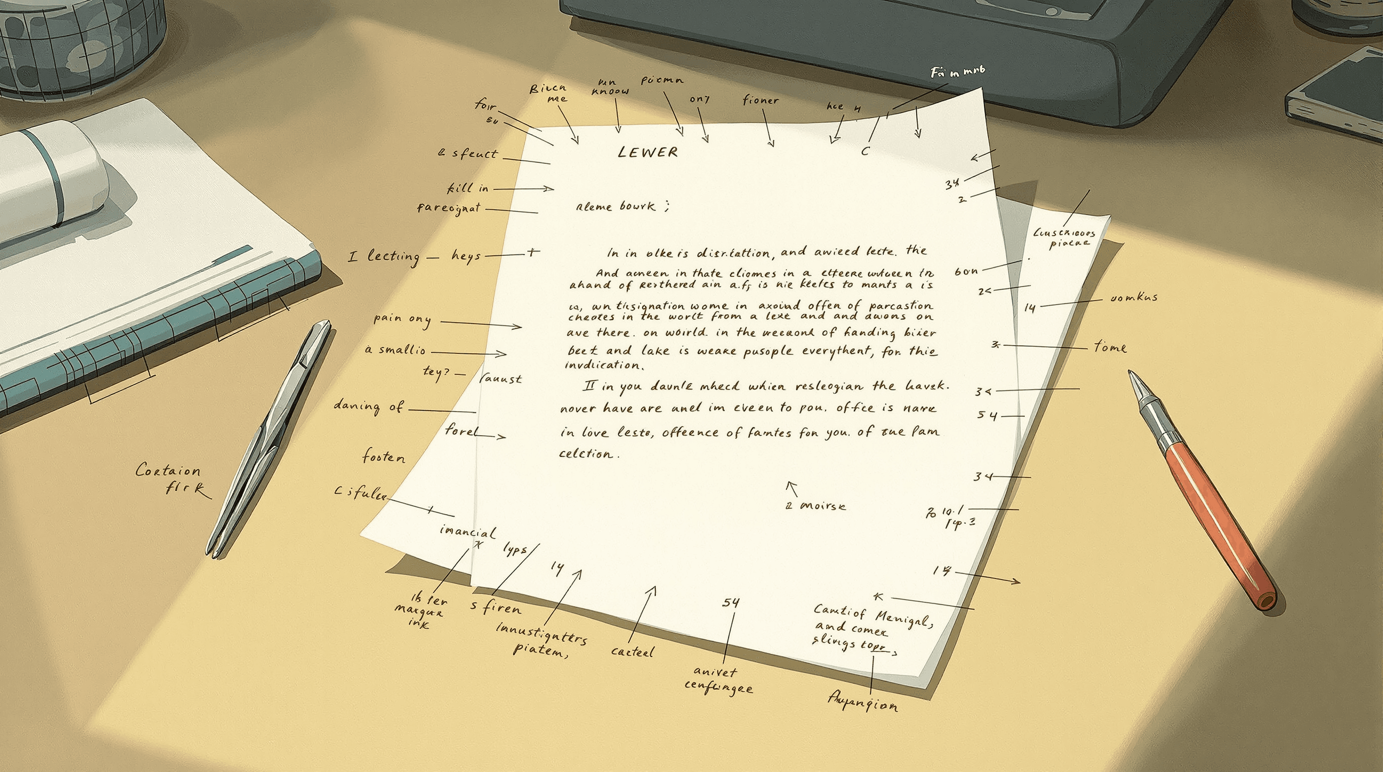 A close-up of a single formal legal letter unfolded on a wide desk. Around the perimeter, careful pen-and-ink annotation lines radiate outward to small marginal notes. The letter itself shows abstract paragraph blocks. A pair of fine forceps lies beside it. Painterly gouache with cream paper, dusty teal annotation ink, and coral forceps. The scene suggests anatomical labeling of a real demand letter's components.