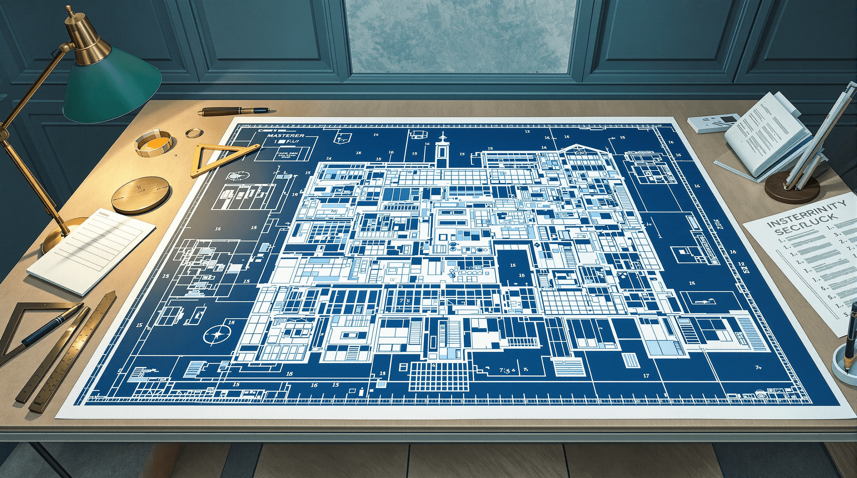 A large architect's drafting table viewed from slightly above. A single enormous master blueprint covers the whole table — a detailed cross-section of a multi-story building in precise white-on-blue draftsmanship. Each section has small numbered markers. Drafting tools arranged at the perimeter: T-square, dividers, scale ruler, fountain pen. A green lamp glows. Painterly gouache with navy blueprint, cream lines, and brass tools. The scene suggests a comprehensive WCAG criteria reference rendered as architectural blueprint.