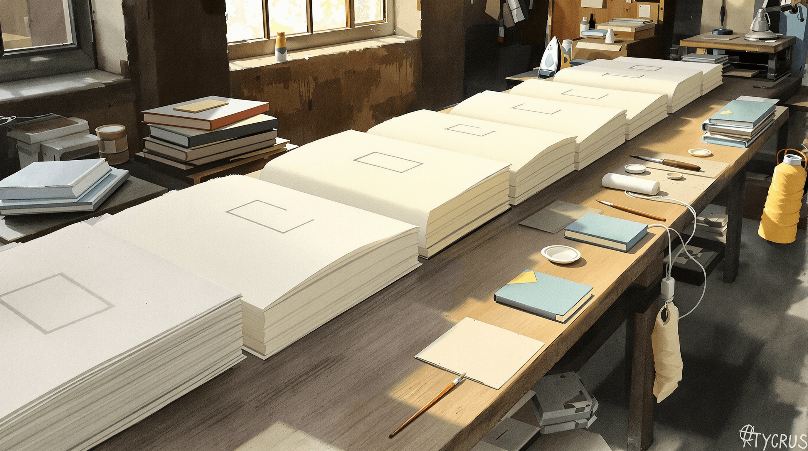 A bookbinder's workshop at midday. A row of stacked unbound pages on a wooden bench, each showing a carefully-laid-out abstract form structure with rectangles and lines suggesting form fields. The bookbinder's hands work at a binding press, a single freshly-bound volume just emerging. Tools arranged at the perimeter — awl, thread, glue brush. Painterly gouache with cream pages, dusty teal cloth, navy press, and coral thread. The scene suggests careful binding of a form-pattern reference.