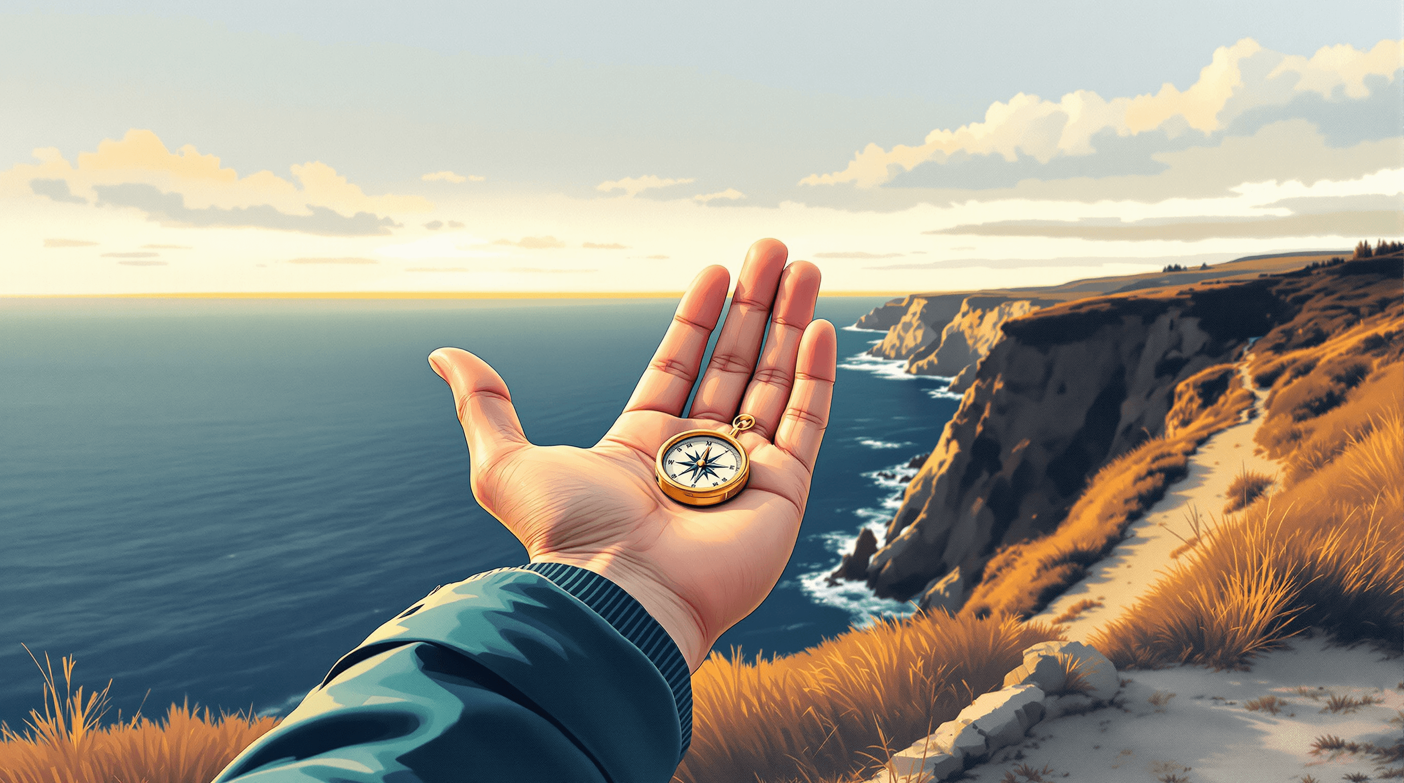 A close-up of a careful open palm holding up a small brass pocket compass at chest height. The compass is finely-machined; every cardinal direction is clearly readable and the needle points cleanly. The owner stands on a coastal cliff at golden hour with the horizon behind. Painterly gouache with warm brass, navy sea, oatmeal cliff, dusty teal coat, and amber sky. The scene suggests a small precise mobile interface that remains fully usable at pocket scale.