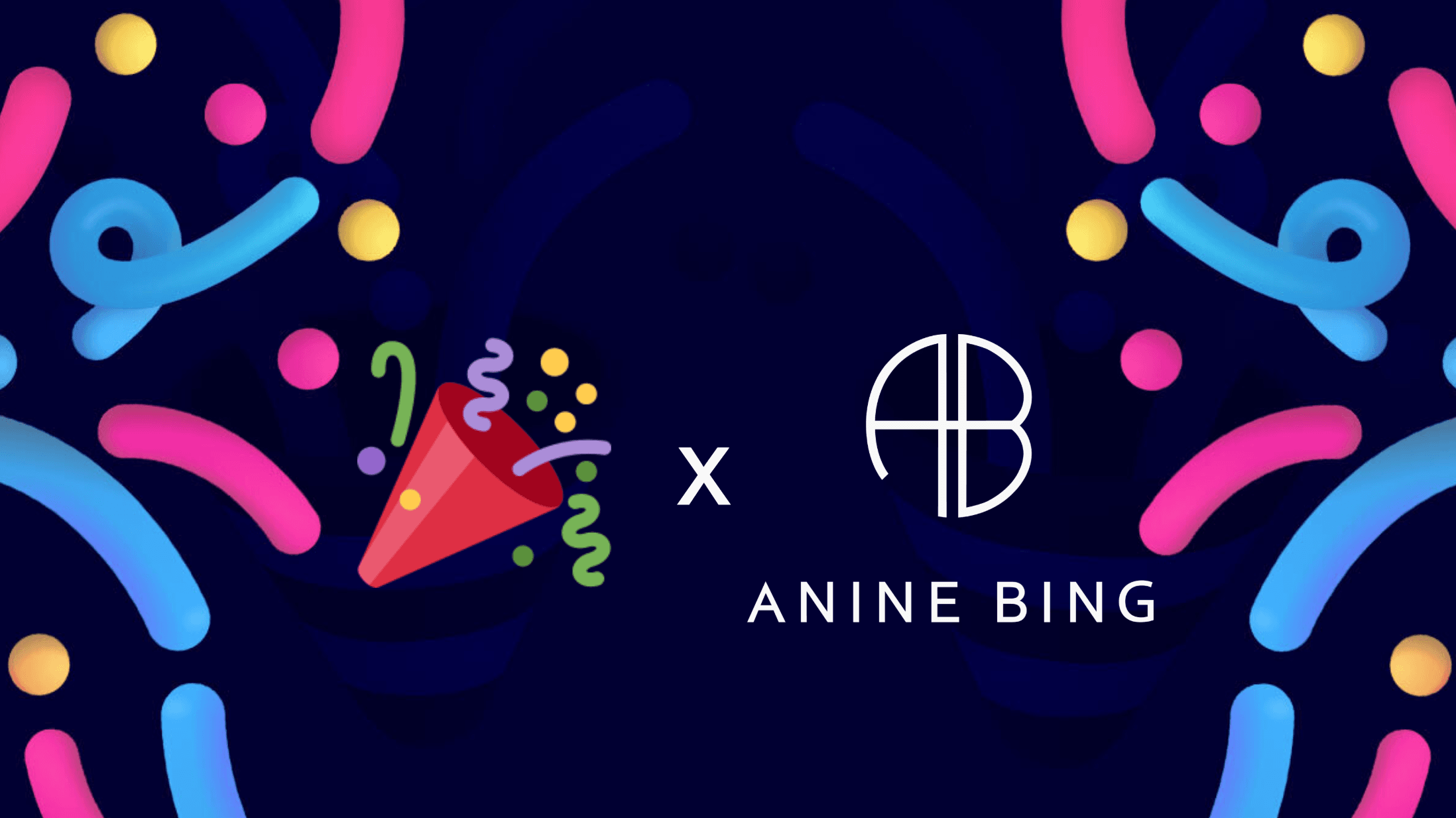 TestParty x Anine Bing partnership announcement. A party popper emoji and an 'x' sit beside the Anine Bing logo — the letters A and B inside a circle above the wordmark 'ANINE BING' — against a dark navy background scattered with colorful pink, blue, and yellow confetti.