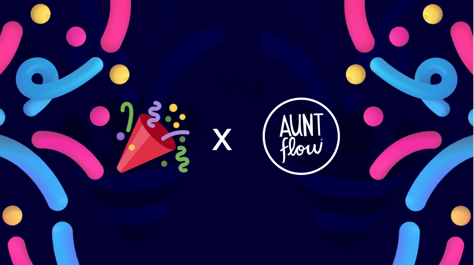 TestParty x Aunt Flow partnership graphic. A party popper emoji and the white Aunt Flow logo ('AUNT flow' text inside a circle) joined by an 'x', set against a dark navy background decorated with colorful pink, blue, and yellow confetti and streamer shapes.