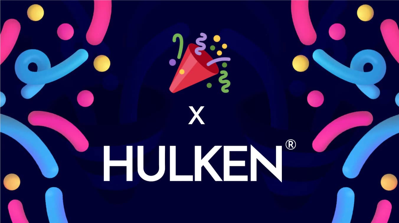 TestParty x Hulken co-branded announcement graphic with a party popper emoji on a dark navy background with colorful confetti