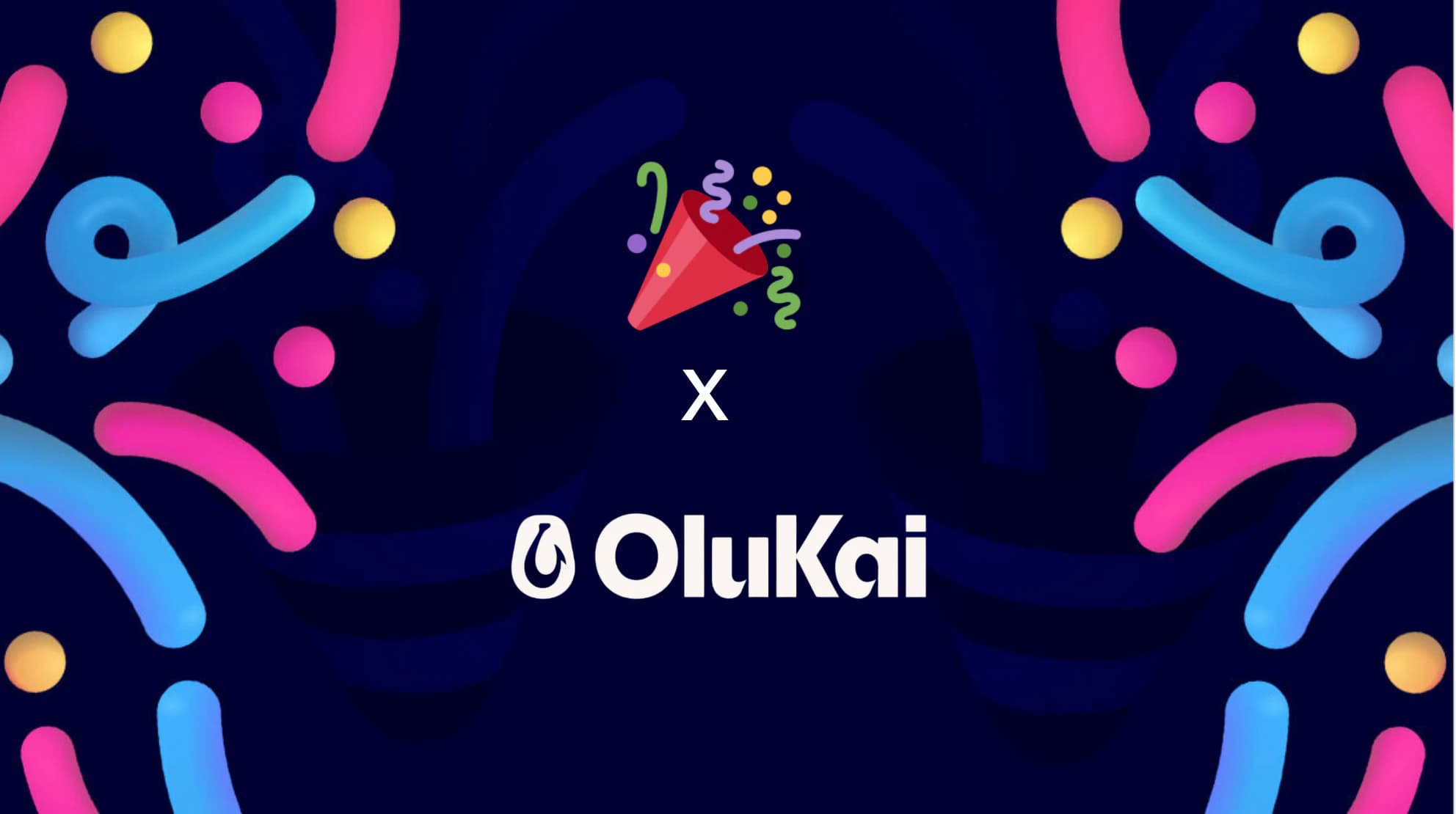 TestParty x OluKai co-branded announcement graphic with a party popper emoji on a dark navy background with colorful confetti