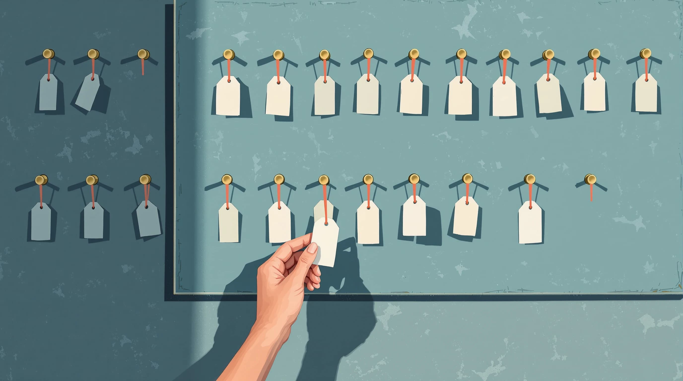 A workshop wall fitted with a plain board of thirty small brass pegs in an even grid. Blank cream tags hang from most pegs while a handful remain bare, and a hand reaches in to hang one more tag by its string. Low side light throws each peg's small shadow across the board. Painterly illustration in dusty teal and cream with coral string.