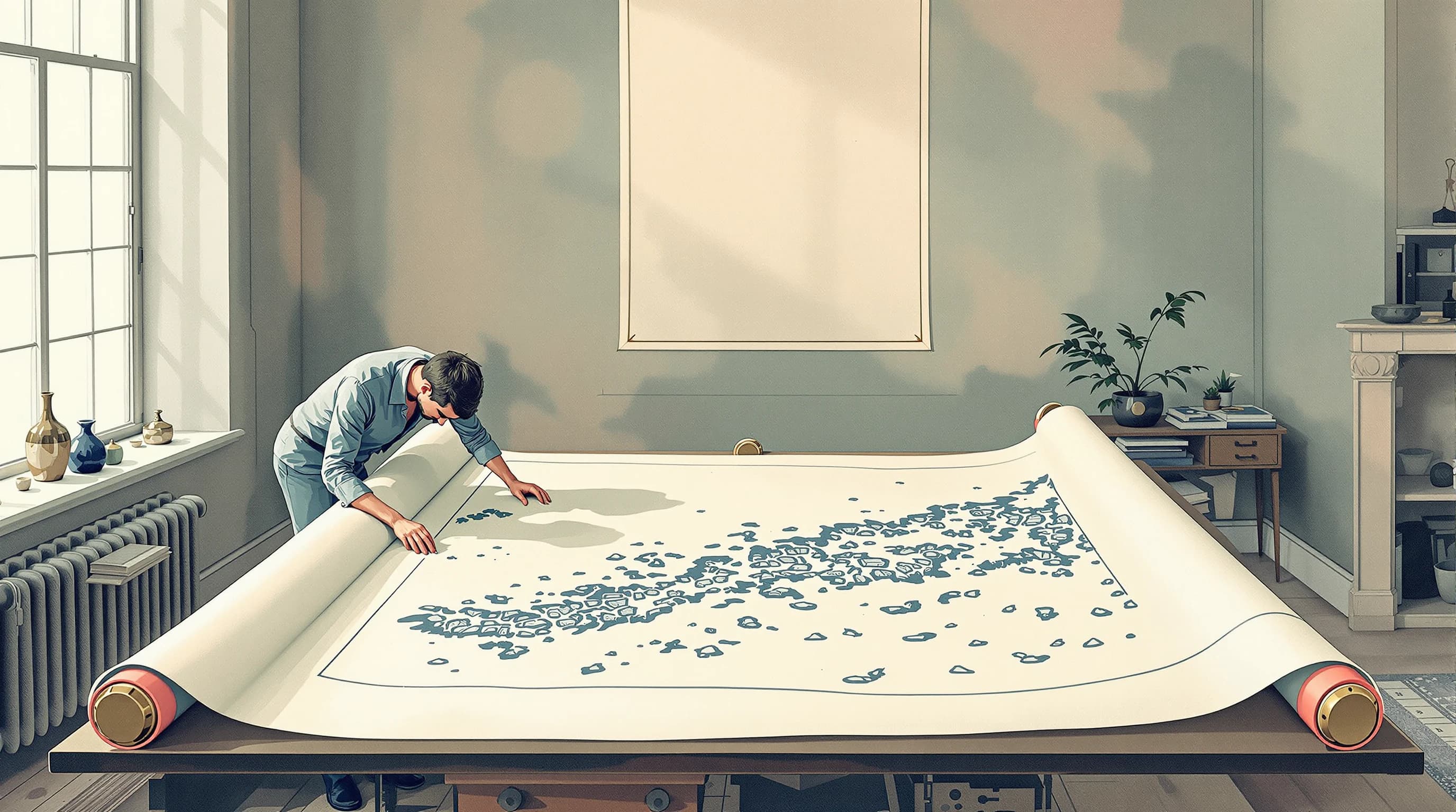 A cartographer's room where an enormous chart is unrolled across a broad table, its corners held by brass weights. The chart shows an intricate coastline of bays and inlets in line and contour alone, with no lettering. A figure leans over it, tracing one route with a fingertip. Painterly illustration in cream paper and dusty teal ink.