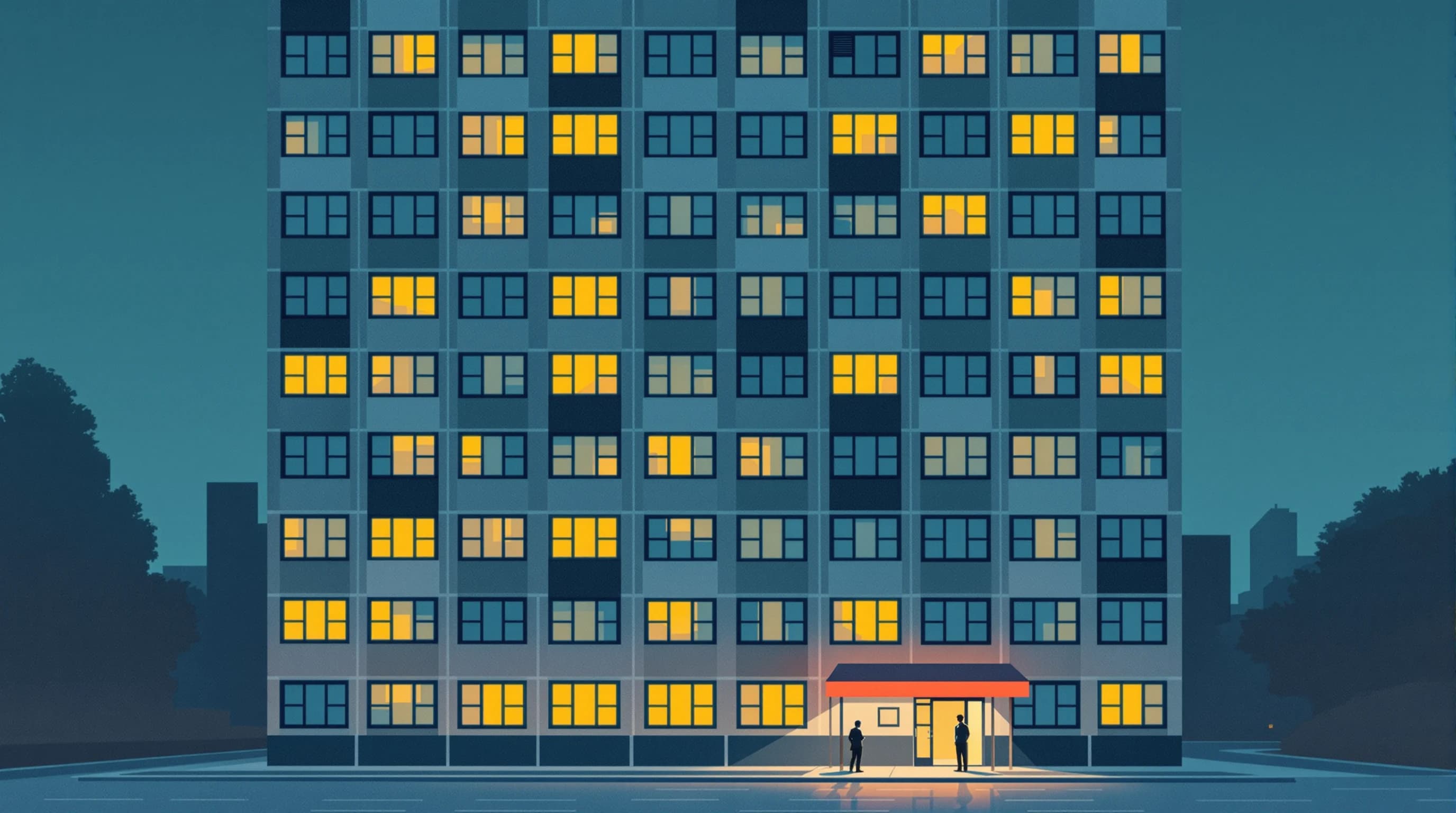 The face of a tall apartment block at blue hour seen straight on, its windows forming a clean grid of many rows. The great majority glow with warm interior light while roughly eight scattered windows remain entirely dark. A caretaker stands small at the entrance below, looking up. Painterly illustration in navy dusk and warm amber with a coral canopy.