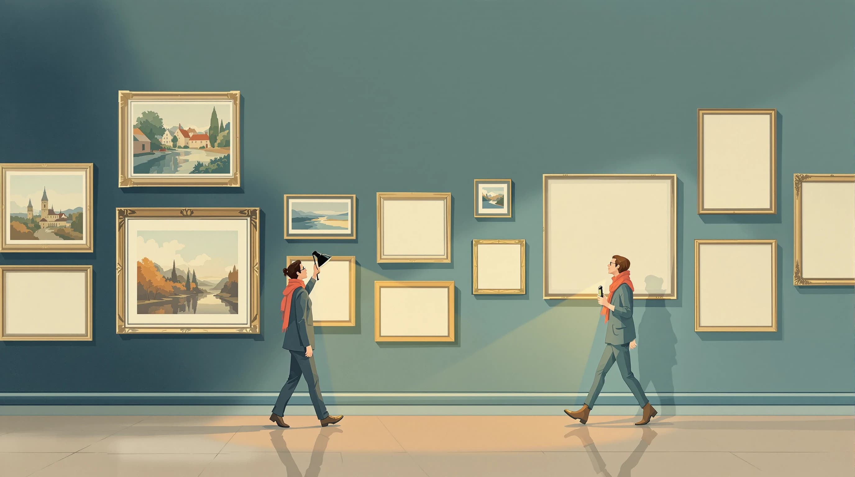 A gallery wall hung salon-style with framed pictures of many sizes. Most frames hold painted scenes, but five or six contain nothing but blank cream paper. A curator moves along the wall with a small hand lamp raised, its light falling squarely on one of the empty frames. Painterly illustration in dusty teal and gilt with a coral scarf.