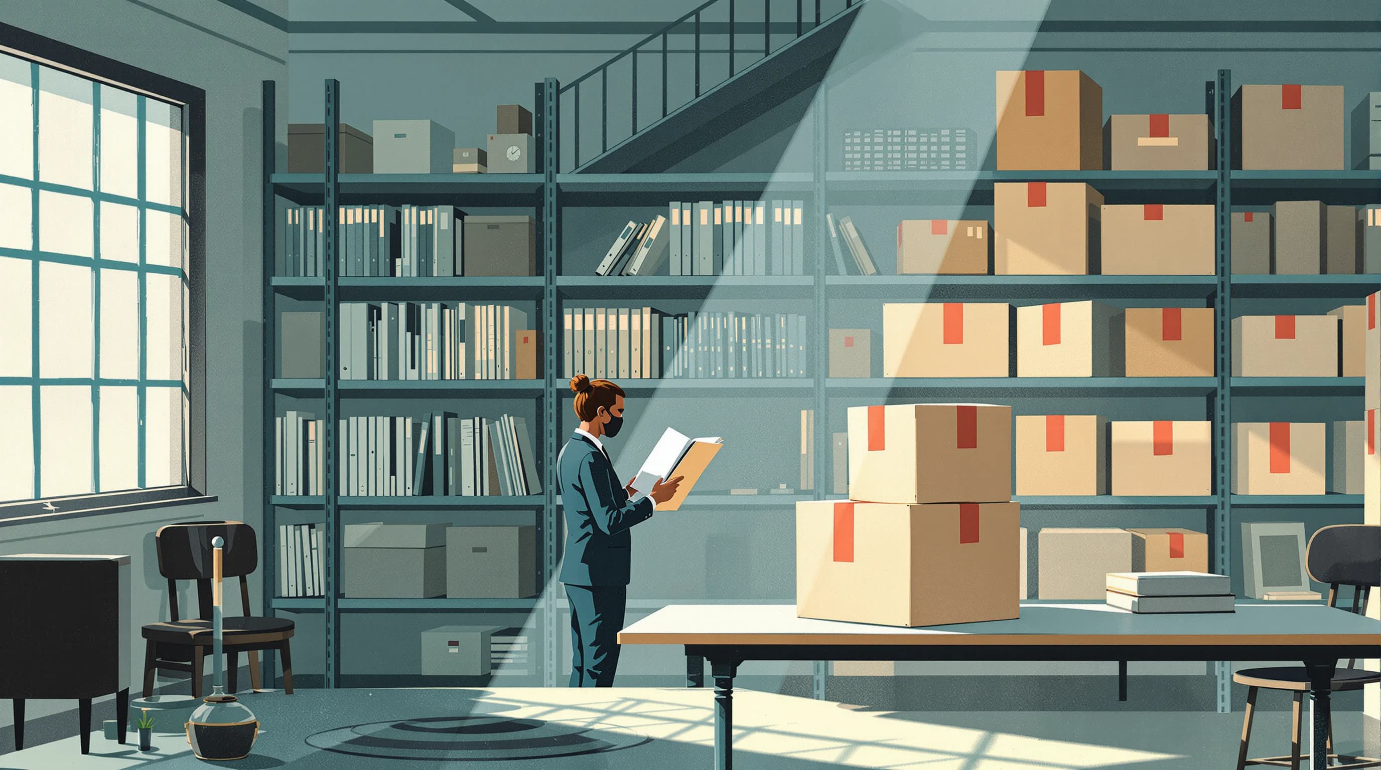 A records room stacked with archive boxes on metal shelving. One box has been lifted onto a table and opened with its lid set aside, and a figure stands reading a single file held open in both hands, angled toward a tall window where dust hangs in the light. Painterly illustration in cream and dusty teal with coral box tape.