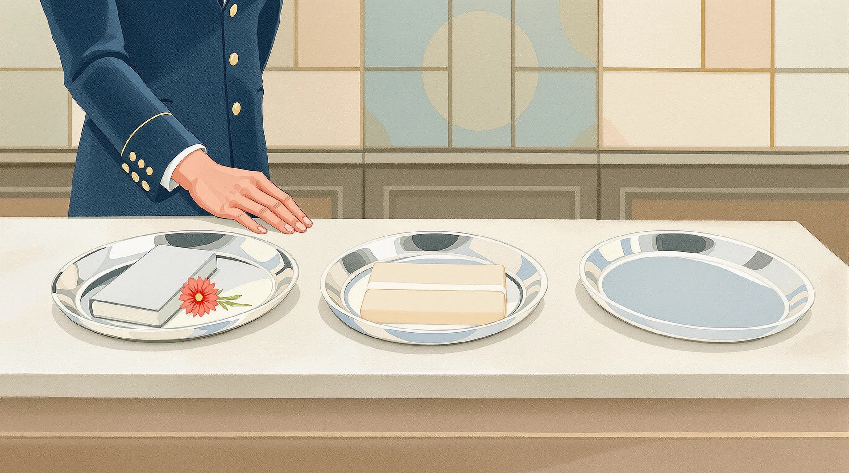 A hotel concierge's marble counter with four silver trays in a row. Three hold substantial objects — a bound folio, a set of keys, a wrapped parcel — while the fourth is polished, prominent and completely empty. A guest looks along the row as the concierge gestures toward the empty tray. Painterly illustration in cream marble and navy with a coral carnation.