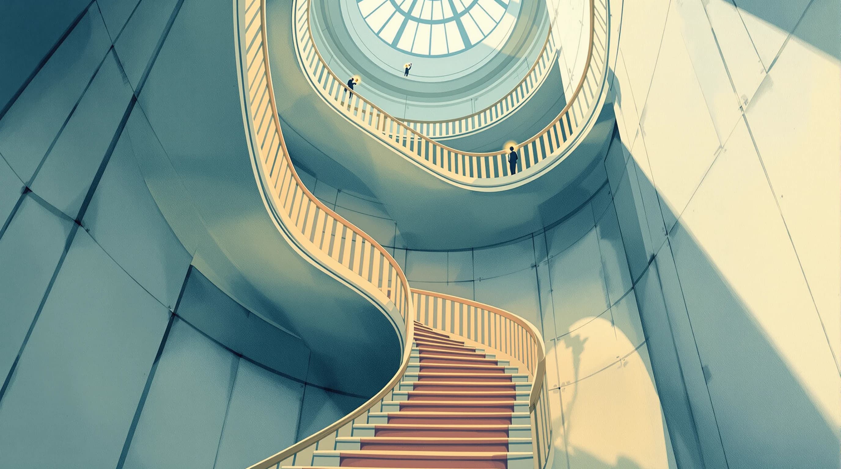 Looking straight up a grand open stairwell from the ground floor, its flights spiralling toward a distant skylight. On each successive landing a small figure with a lamp examines a different part of the structure — a balustrade, a tread, a bracket — the topmost figure barely a mark. Painterly illustration in cream and dusty teal with a coral stair runner winding upward.