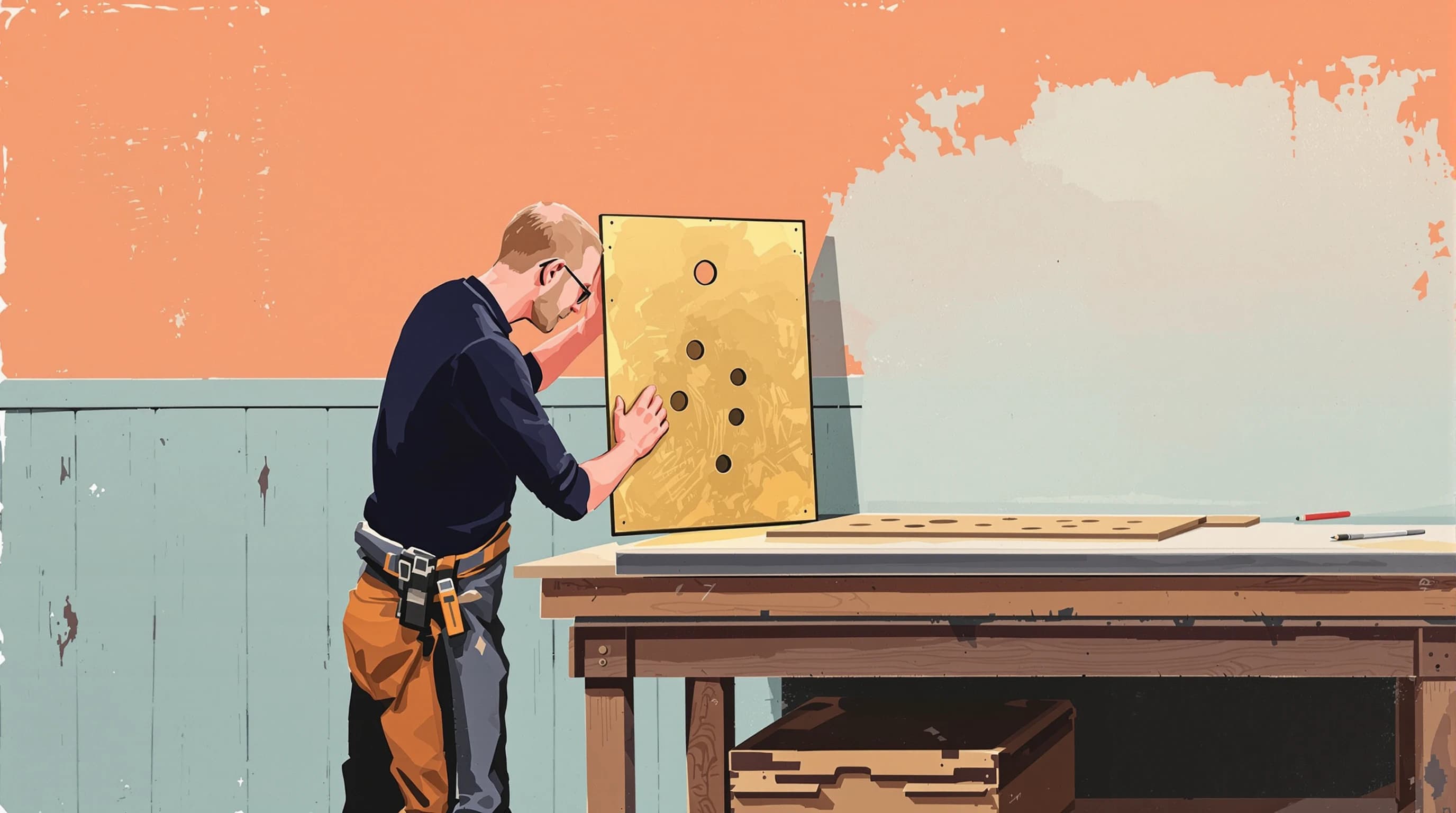 A joiner's bench in even north light where a large brass template with precisely cut openings is held flat against a finished cabinet door. The joiner sights along it to see which mortises align and which sit proud, with rejected offcuts lying beneath the bench. Painterly illustration in warm oak and dusty teal with a brass template.