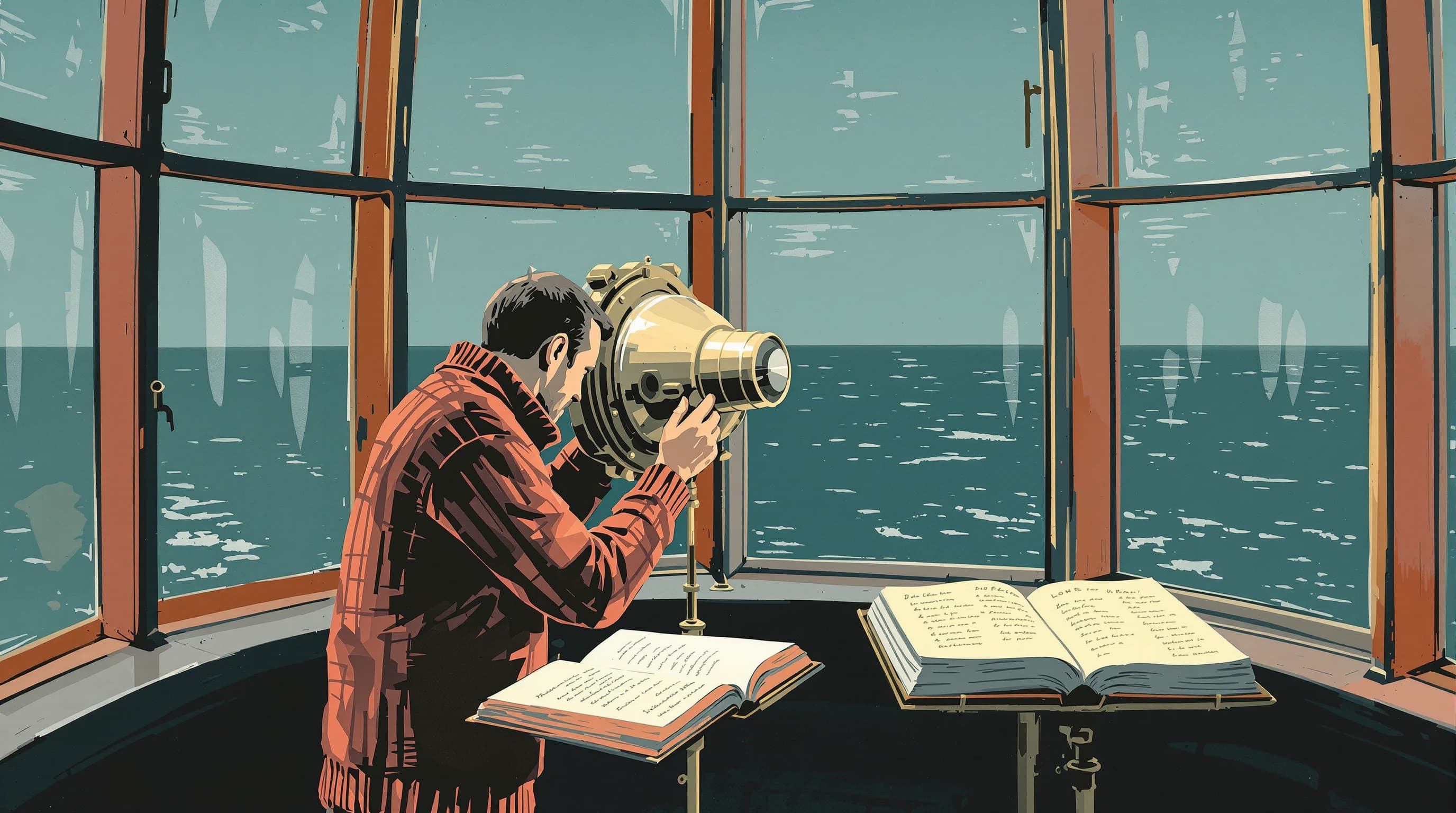 The lamp room of a lighthouse at dusk with glass panes and sea beyond. A keeper in a heavy sweater works close to the great lens, trimming and adjusting with practised routine, while an open logbook on a stand beside them shows column after column of ruled entries. Painterly illustration in brass and dusty teal with a coral sweater.
