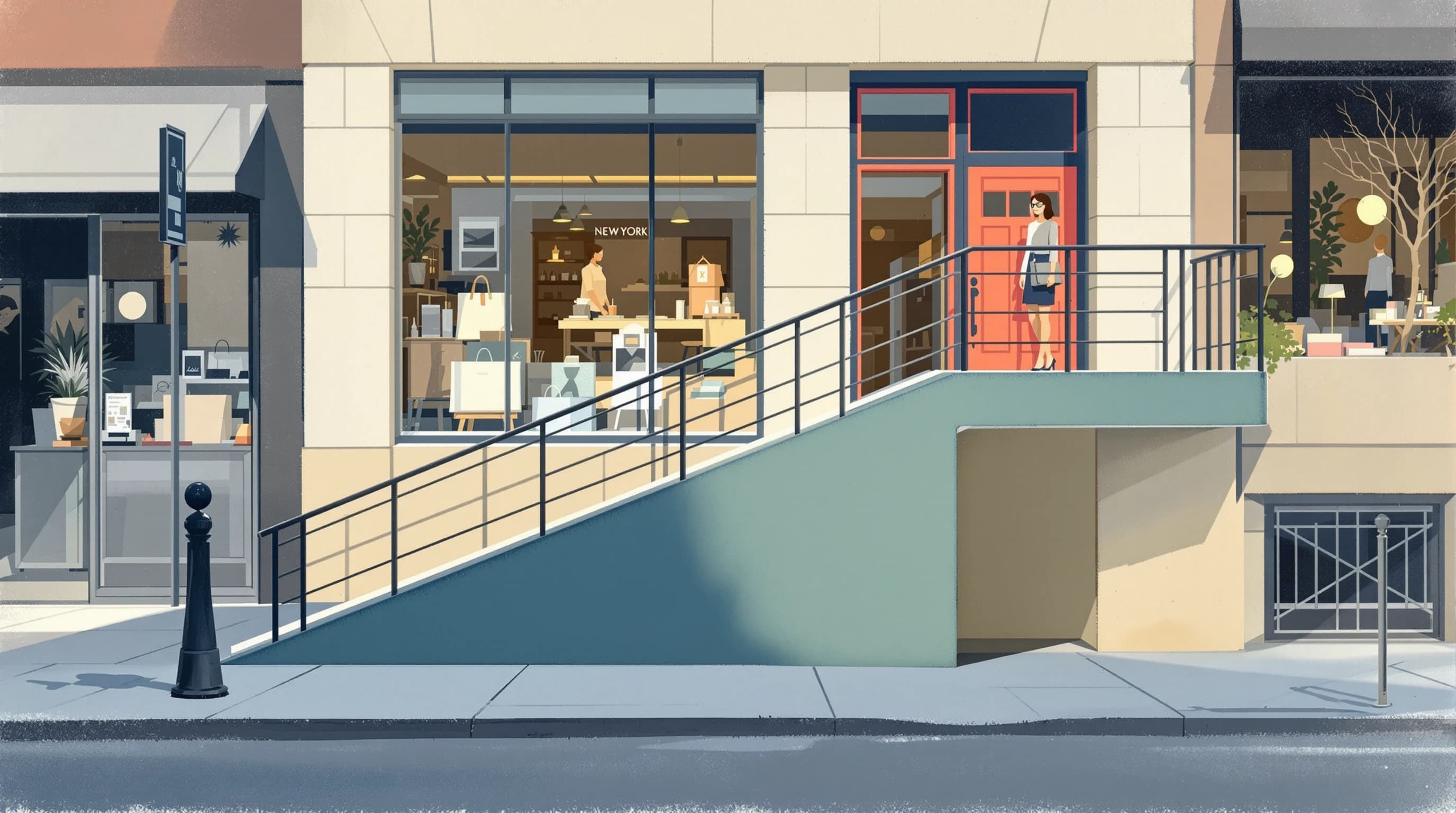 A smart storefront in clear morning light where a newly built, freshly painted ramp of good materials rises confidently from the pavement toward the entrance, then ends abruptly a full stride short of the threshold, leaving an obvious gap and a step. A shopper at its top looks down at the gap. Painterly illustration in cream stone and dusty teal with a coral door.
