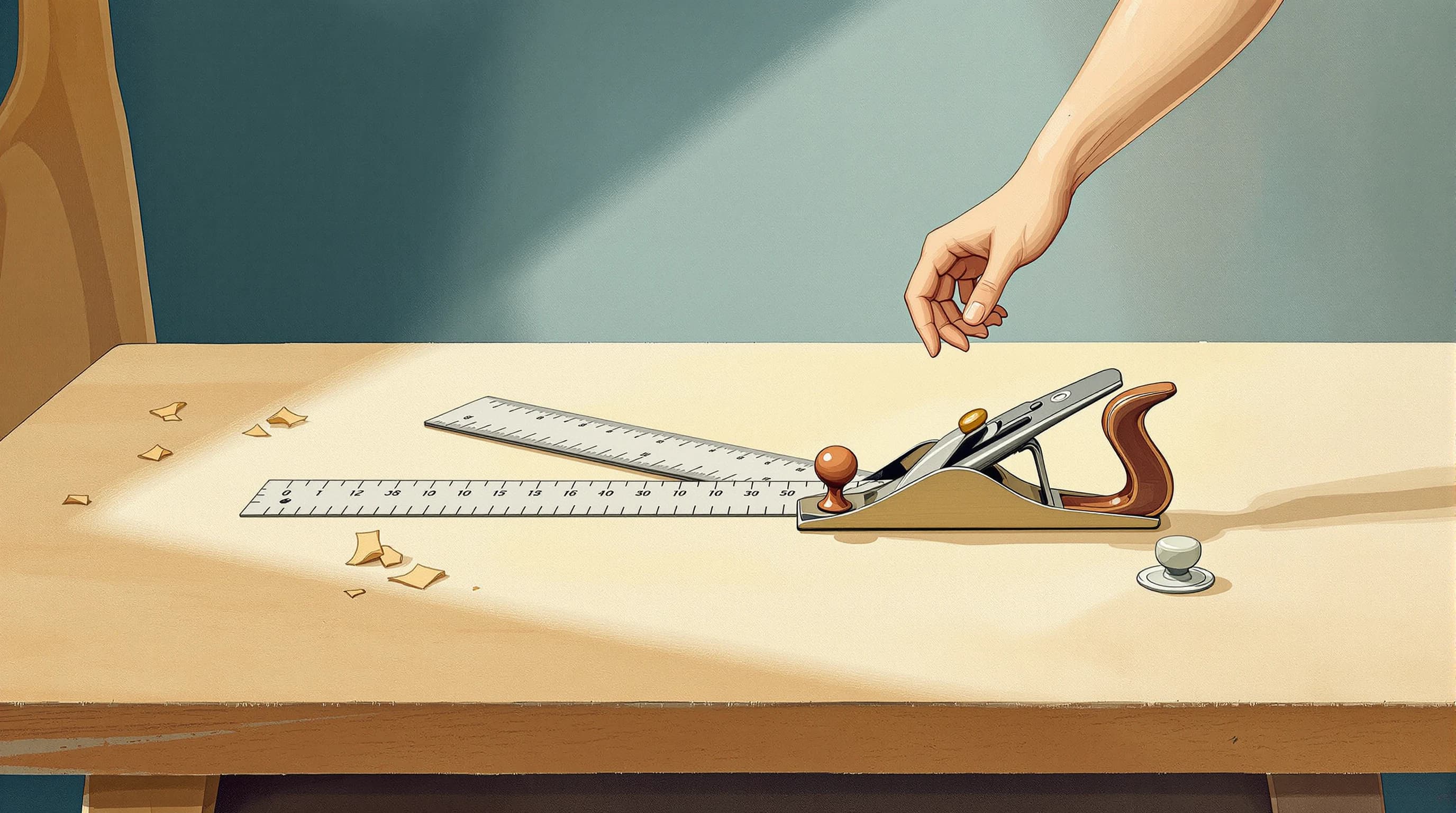 A joiner's bench in clean side light, bare but for two tools laid across one another in an X at its centre — a folding measuring rule and a well-used hand plane. A hand hovers just above the crossing point, fingers open, not yet committed to either. Painterly illustration in warm oak and dusty teal with cream light.