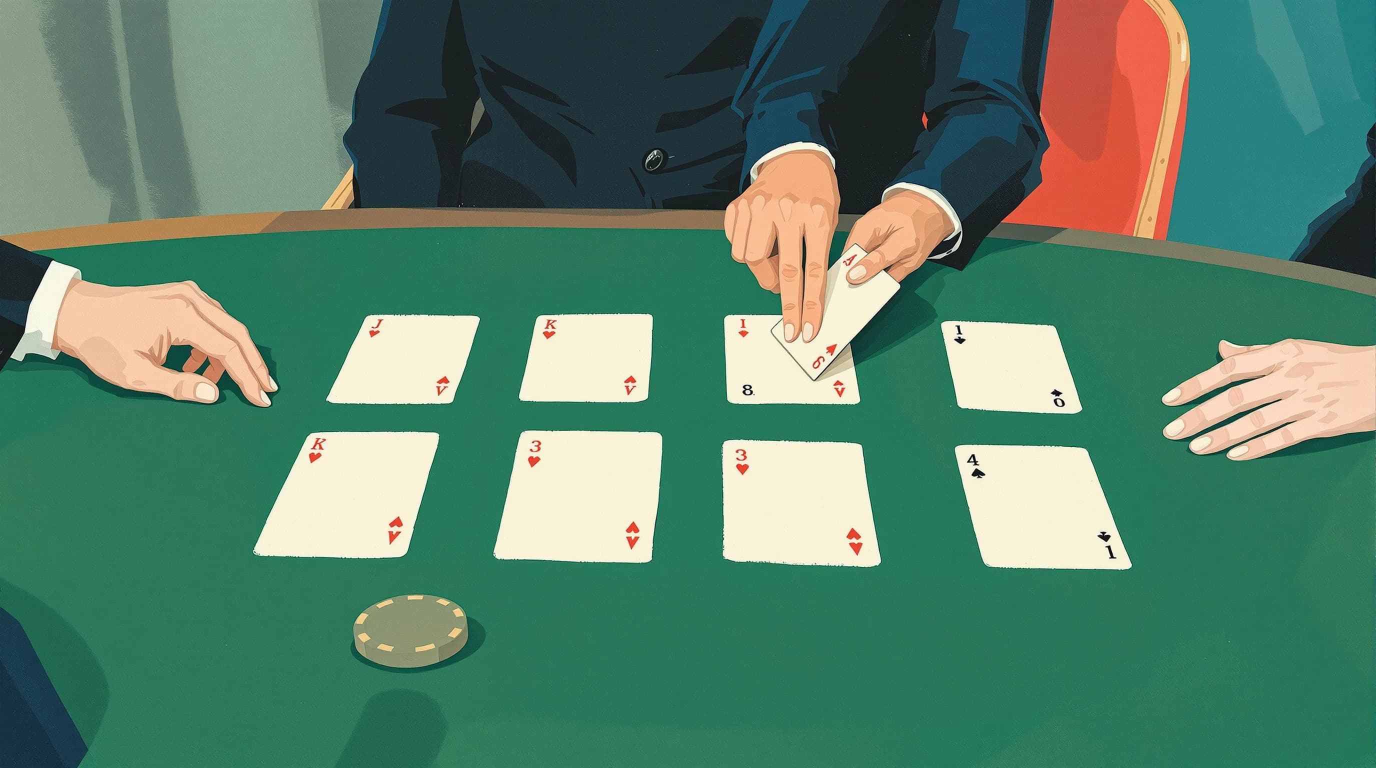 A plain baize-topped table bearing twelve cards laid face-down in a neat three-by-four grid. One hand lifts the corner of the nearest card and turns it over, its face angled away and catching the light, while two figures sit opposite one another watching. Painterly illustration in green baize, cream and navy with a coral chair.