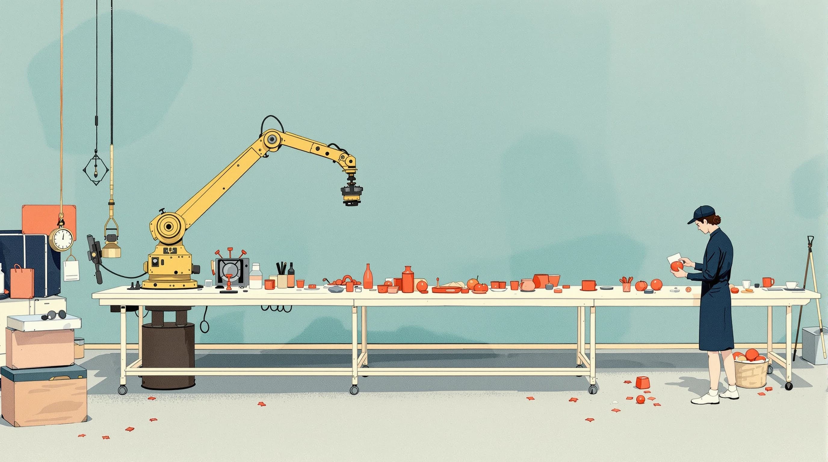 A long workbench with a brass mechanical arm bolted at one end, extended to its full reach. Within its arc objects have been neatly gathered and sorted, while beyond a clear line where its reach ends several objects sit untouched in a scatter, one being picked up by hand. Painterly illustration in warm brass and dusty teal.
