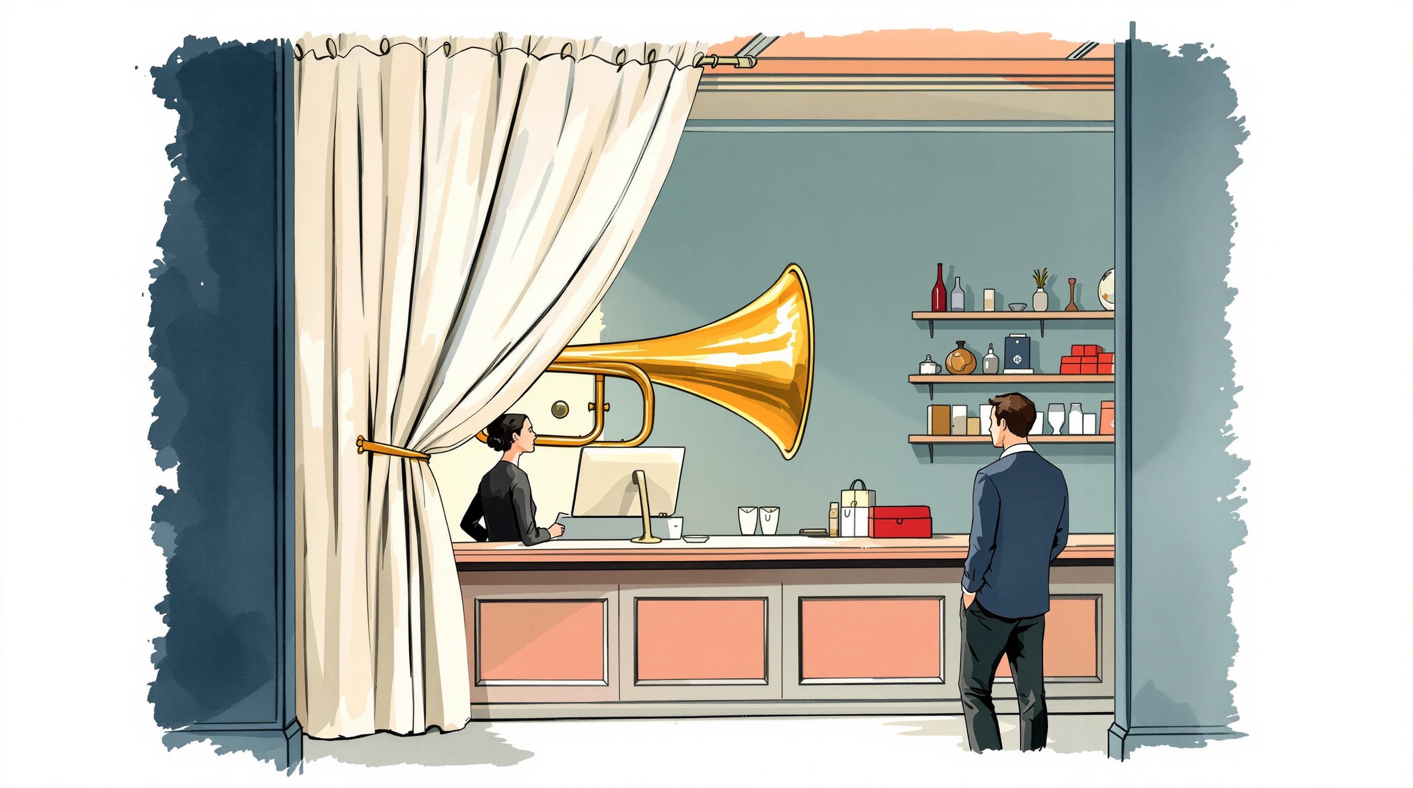 A shop interior viewed from behind the service counter, where a heavy curtain has been drawn aside to reveal a large brass ear trumpet mounted on a bracket, its wide mouth aimed directly at the till and the customer standing there. The customer is looking at goods and has noticed nothing. Painterly illustration in warm wood and dusty teal.