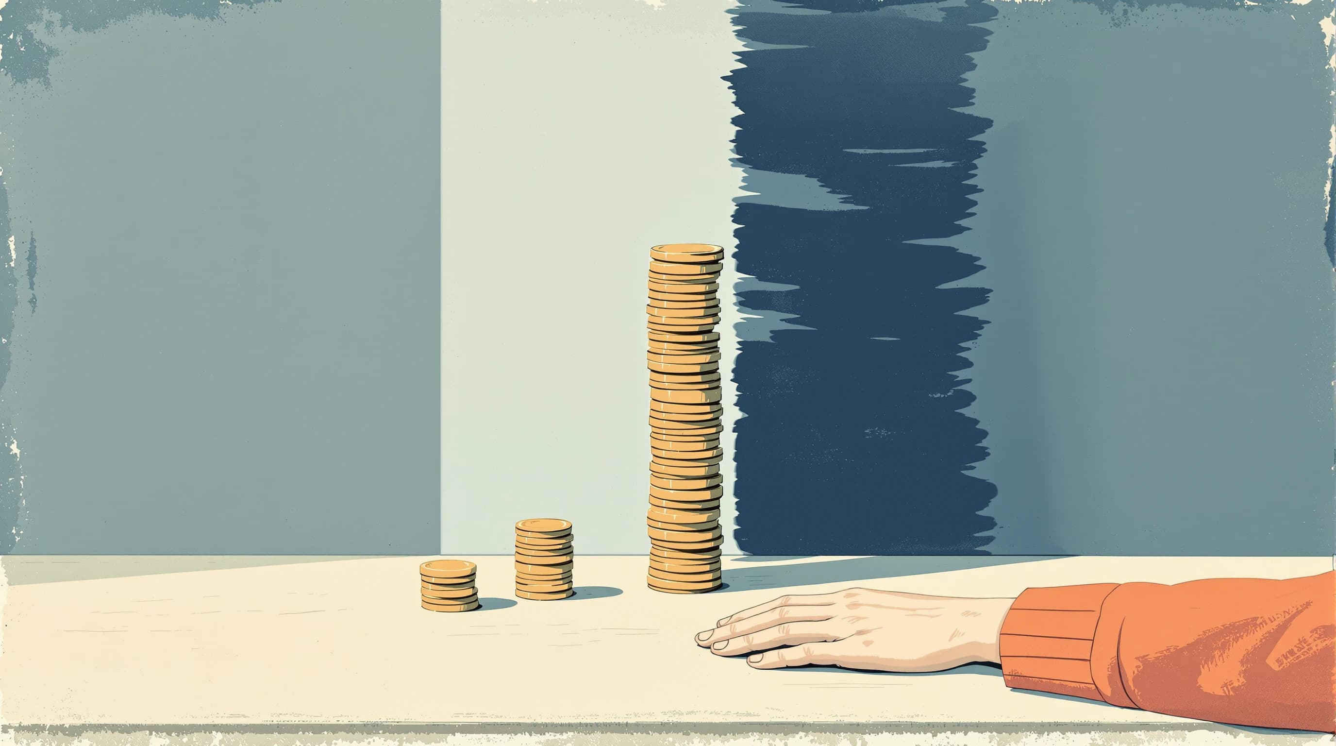 A bare table in raking light bearing two stacks of coins: a short tidy stack of perhaps a dozen, and beside it an enormously tall stack rising beyond the frame's upper third and casting a long shadow. A hand rests calmly beside the small stack. Painterly illustration in cream and warm brass with navy shadow.