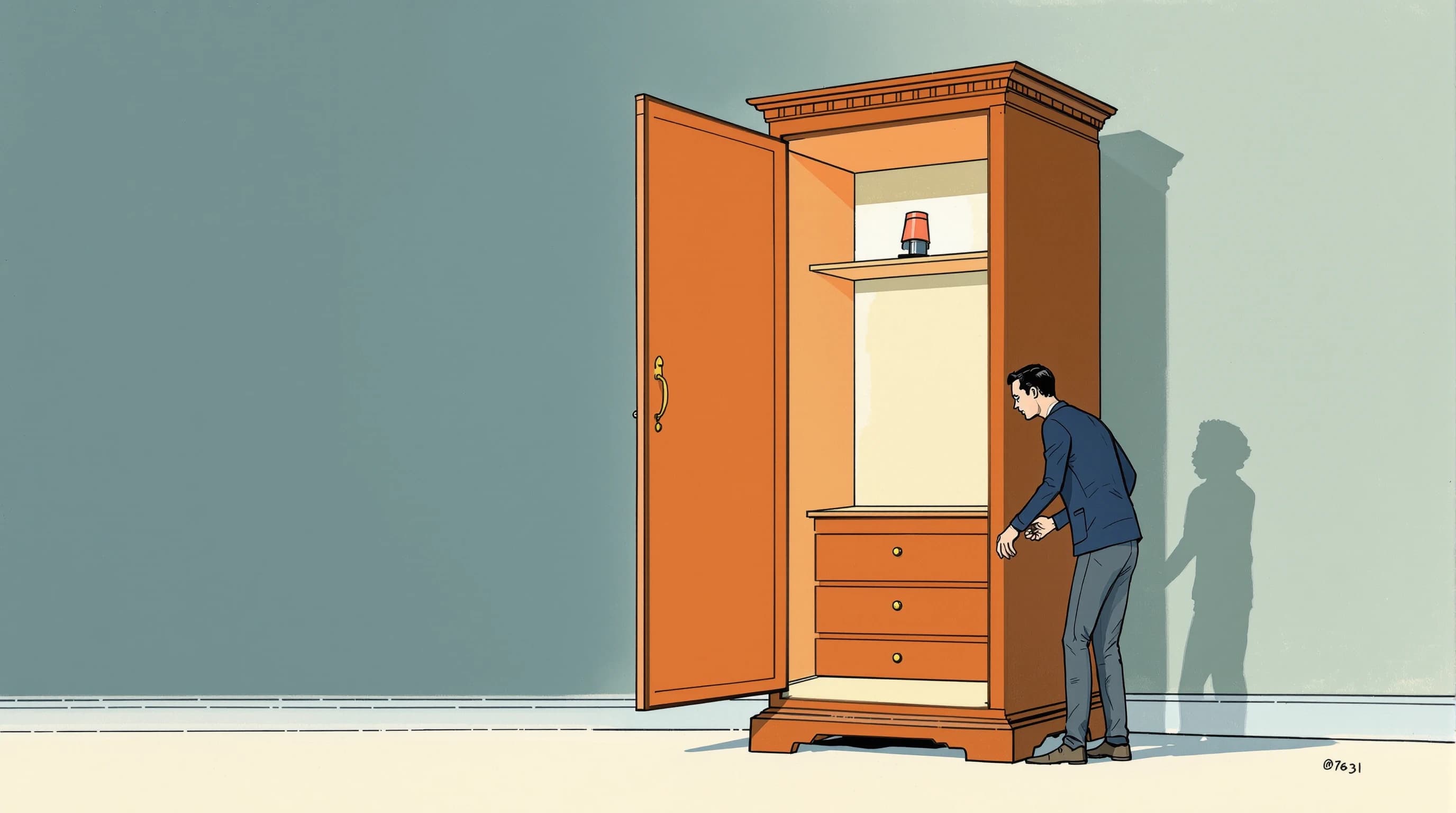 A handsome floor-standing cabinet of polished wood with its full-height door swung open, revealing an almost entirely hollow case: a single fist-sized mechanism mounted at the top and a great deal of empty space below. A figure holding a lamp leans in to look, expression flat. Painterly illustration in warm mahogany and dusty teal.