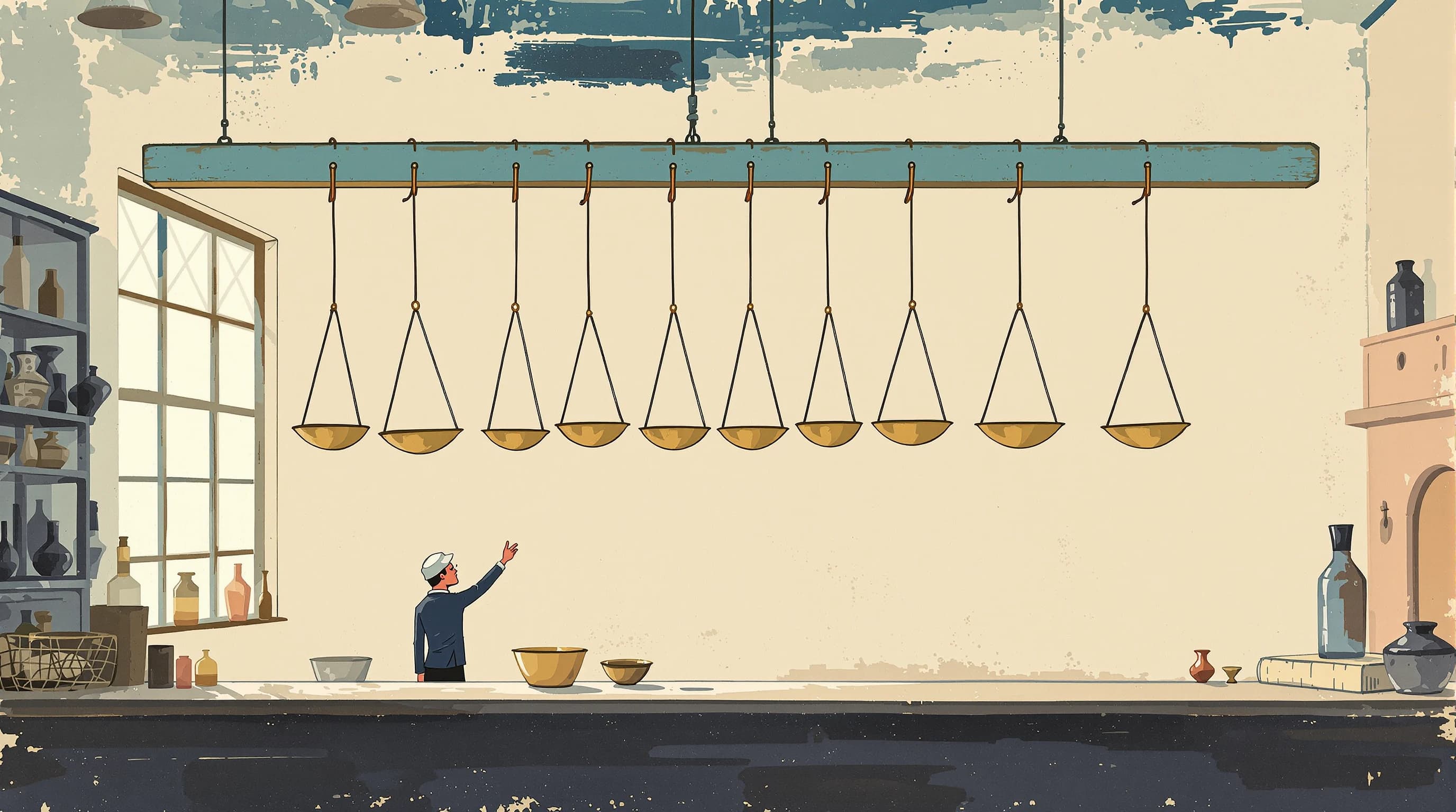 A merchant's back room where nine small brass spring balances hang in a row from a beam, each loaded with an identical weight yet each settling at a visibly different height. A figure stands beneath with one hand raised to steady the lowest-hanging one. Painterly illustration in cream and warm brass with a dusty teal beam.