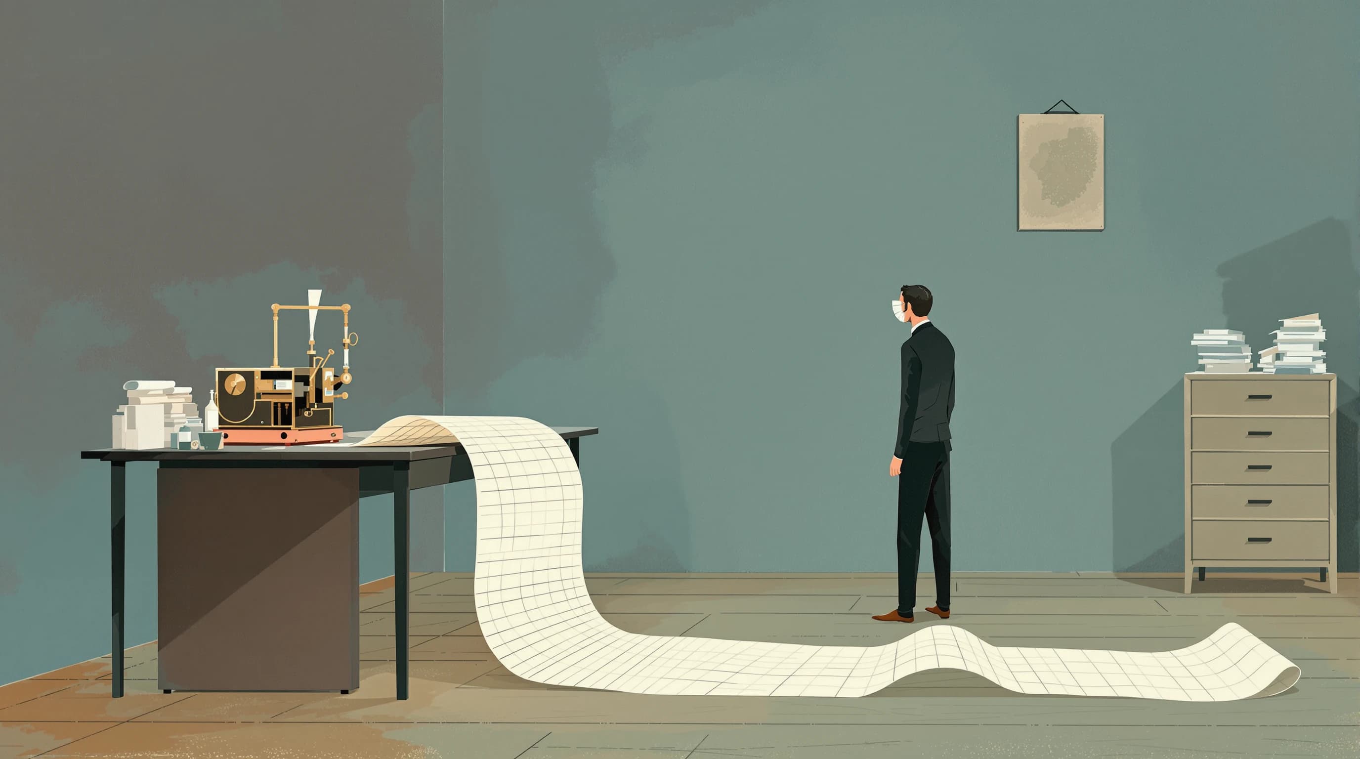 A quiet office where a paper roll feeds from a small brass machine on a desk, spills over the edge and unspools in long ruled loops across the floorboards and out of frame. The paper bears ruled lines but no lettering. A figure holds up a section, following it with their eyes. Painterly illustration in cream and navy with dusty teal floor.