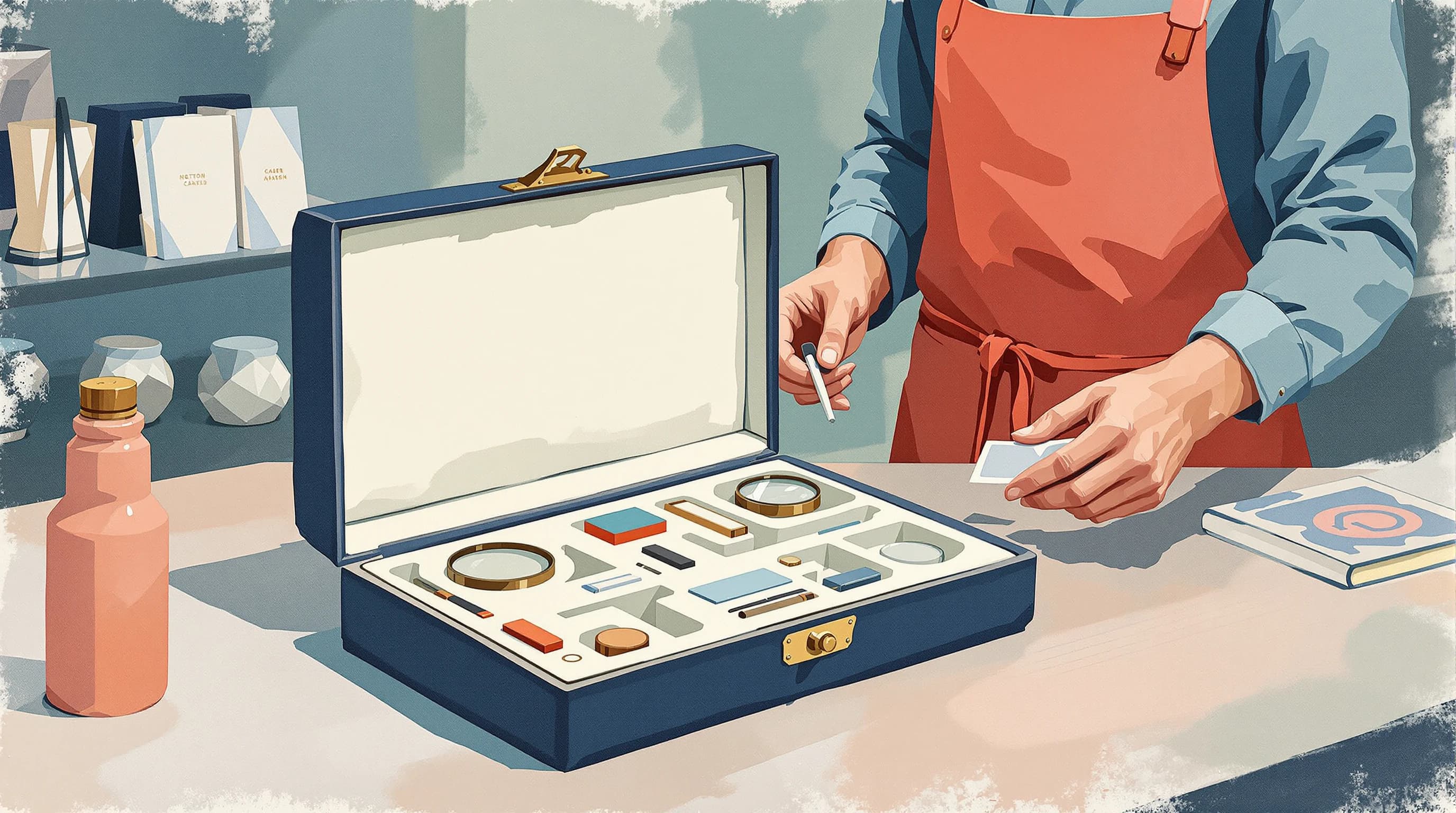 A shop counter bearing a compact fitted case opened flat, its shaped recesses holding half a dozen simple testing instruments — a small mirror, a weighted line, a coloured card, a magnifier. A merchant in a coral apron has lifted one out and holds it ready, looking toward the shop floor. Painterly illustration in cream and navy with warm brass.