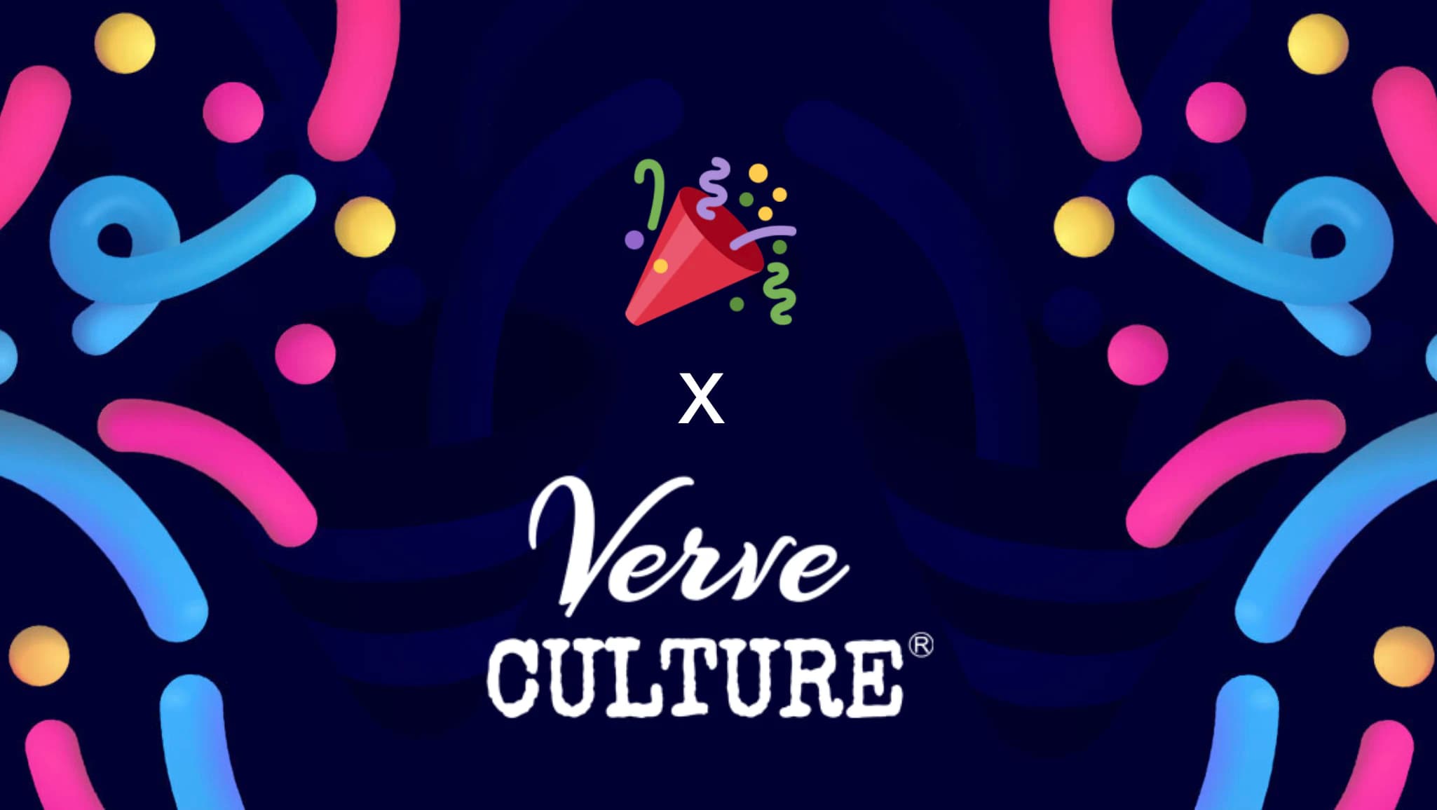 TestParty x Verve Culture co-branded announcement graphic with a party popper emoji on a dark navy background with colorful confetti