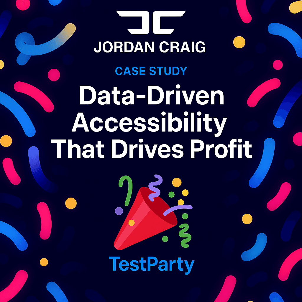 Alt-text: "Case study title slide with dark blue background and colorful confetti border. Features Jordan Craig logo at top, main heading 'Data-Driven Accessibility That Drives Profit' in large white text, a red party popper emoji with confetti in the center, and 'TestParty' branding at bottom. The festive design uses pink, blue, and yellow decorative elements throughout.