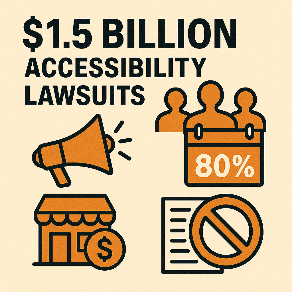 A flat-style digital infographic visualizing the $1.5 billion accessibility lawsuit industry. At the top, bold black text reads “$1.5 BILLION ACCESSIBILITY LAWSUITS.” Below it, a series of minimalist orange and black icons illustrate the issue: a megaphone symbolizing public outcry and awareness; three identical human figures holding a calendar or sign labeled “80%,” representing serial plaintiffs responsible for the majority of lawsuits; a small storefront with a dollar coin icon showing how small businesses are financially impacted; and a document with a large “no” symbol over it, suggesting a lack of clear accessibility guidelines or ineffective compliance. The design uses clean vector lines, balanced composition, and a light beige background with orange accents to convey professionalism and urgency.
