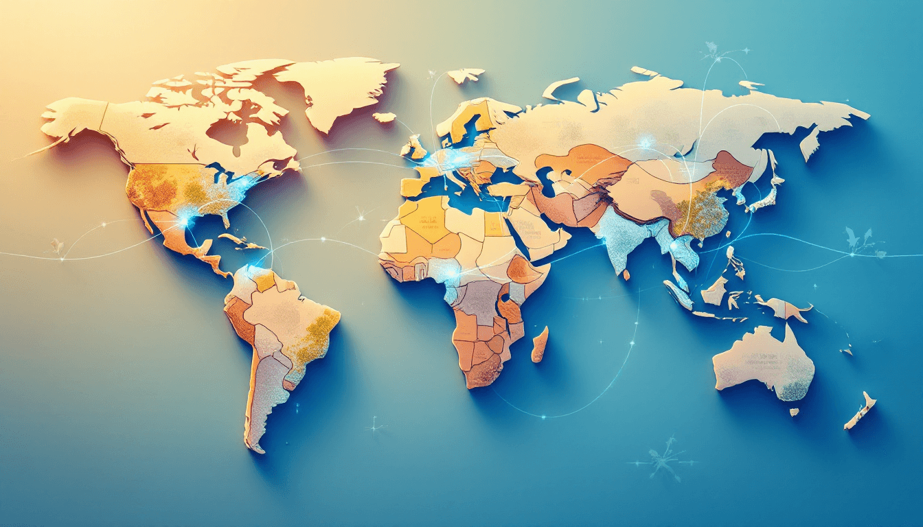 Global illustration showing a world map with accessibility standards flowing across borders, representing international inclusion strategy that adapts to diverse regions while maintaining universal design principles.
