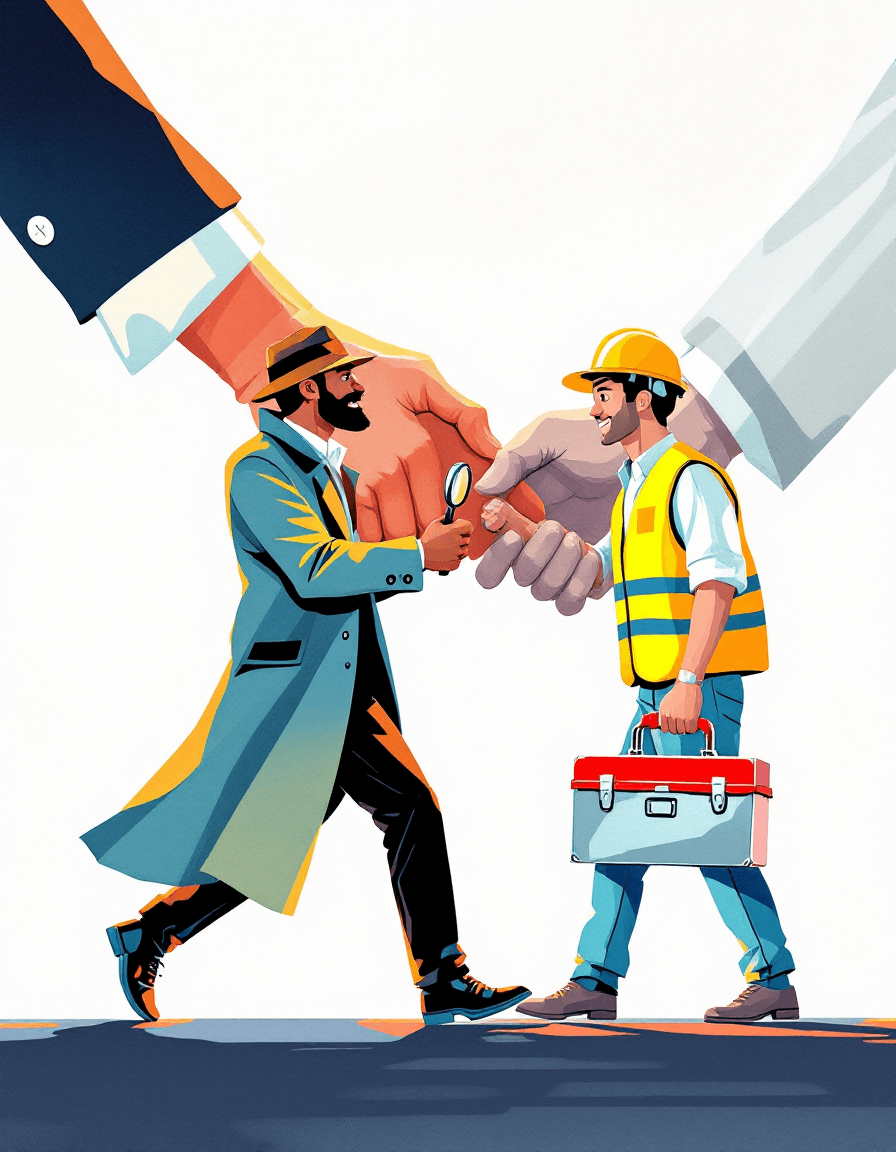 Workflow illustration showing detective handing off findings to repair technician for fixing