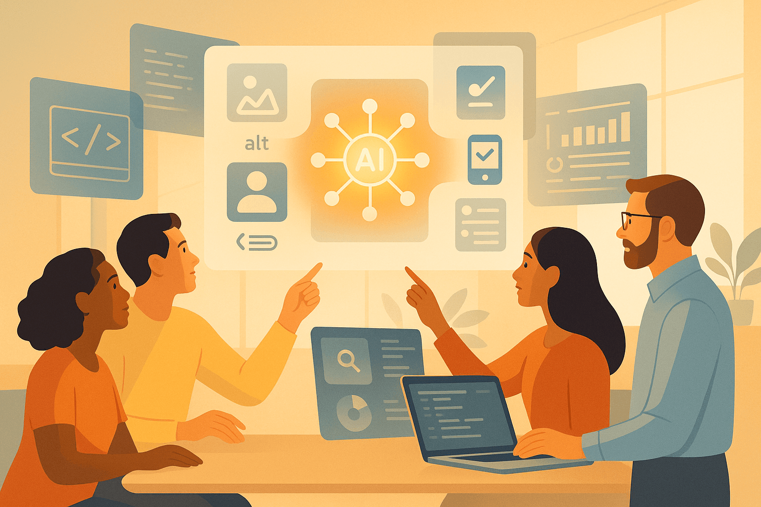 Diverse team of four professionals collaborating around a laptop, pointing at a glowing AI hub surrounded by accessibility icons including code snippets, alt text labels, mobile devices, analytics charts, and compliance checkmarks