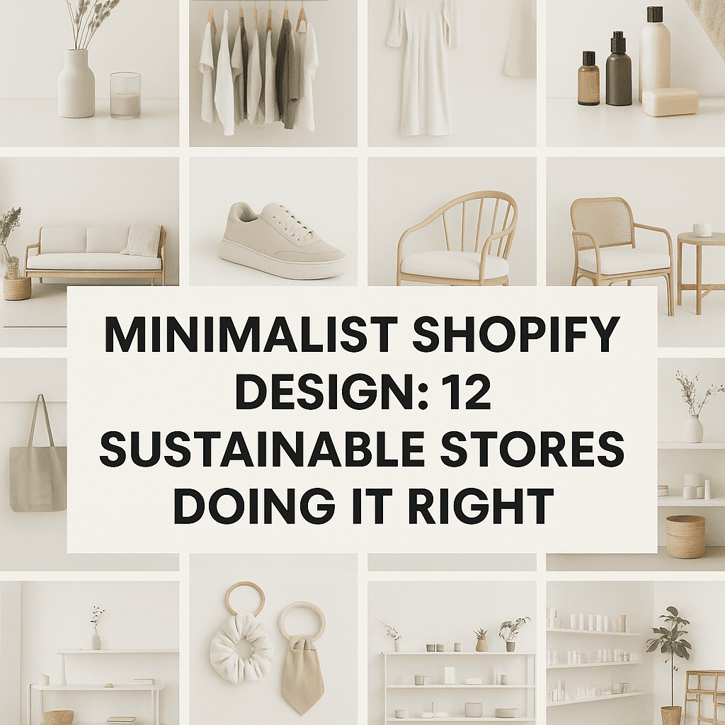 Minimalist collage of sustainable ecommerce products—neutral-toned clothing, skincare bottles, furniture, and home goods—arranged in a clean grid to represent modern, eco-friendly Shopify store design.