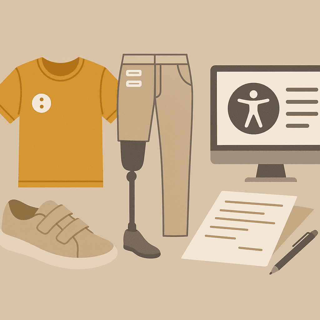 Illustration of adaptive clothing items—including an easy-fasten shirt, adaptive pants with a prosthetic leg, and hook-and-loop shoes—alongside a computer displaying an accessibility symbol, representing inclusive fashion and accessible ecommerce design.