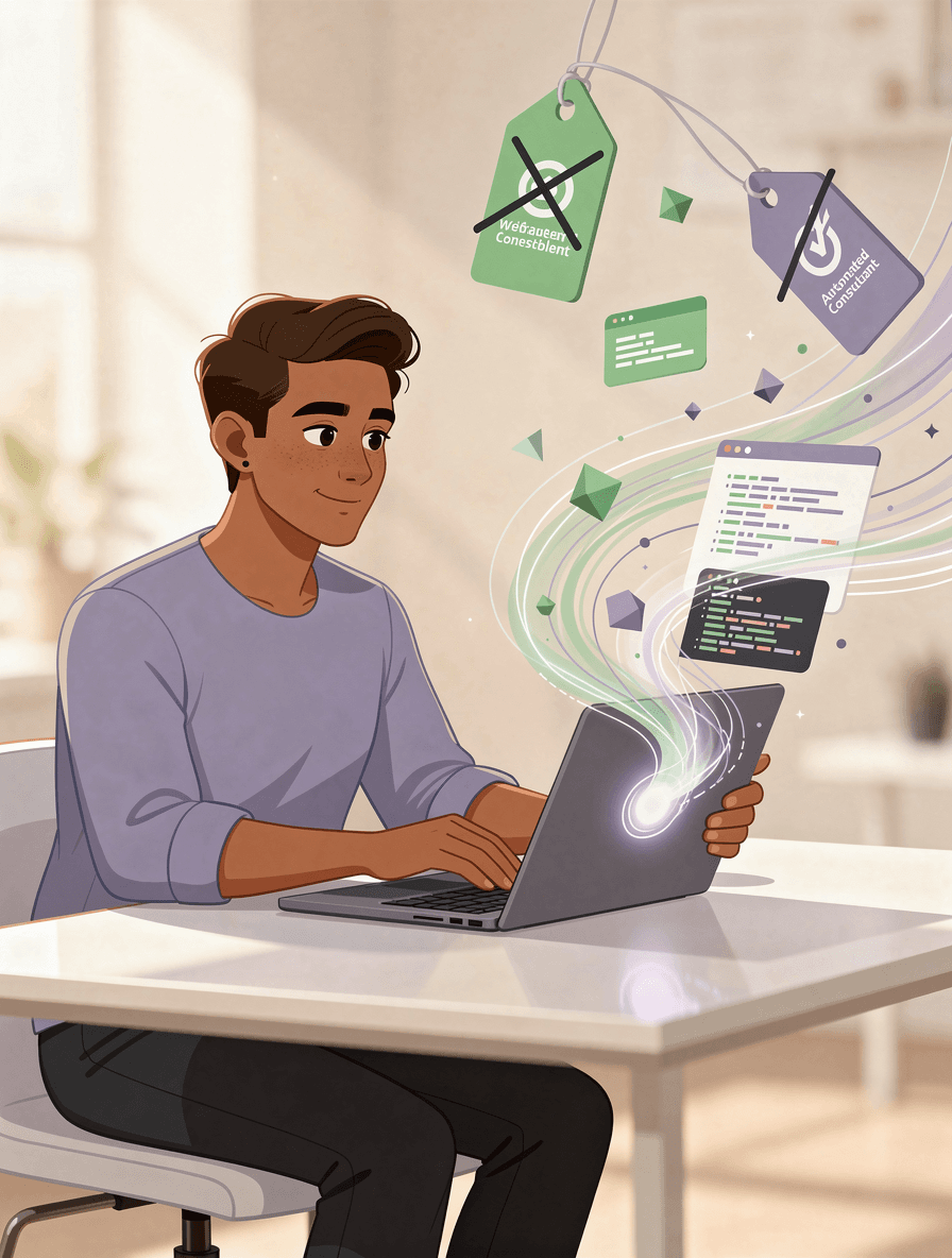 Empowered entrepreneur managing automated accessibility fixes from laptop without consultants, showing code repair visualization